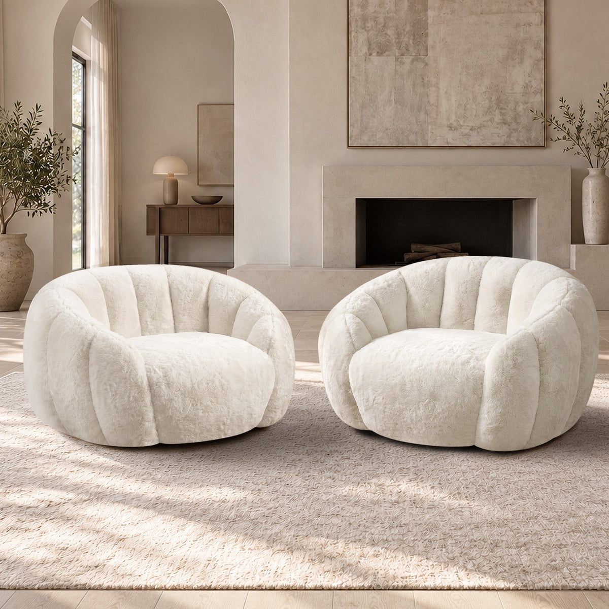Oikiture 2x Bean Bag Chair Floor Lounge Lazy Sofa Faux Rabbit Fleece Beige - Sunyee