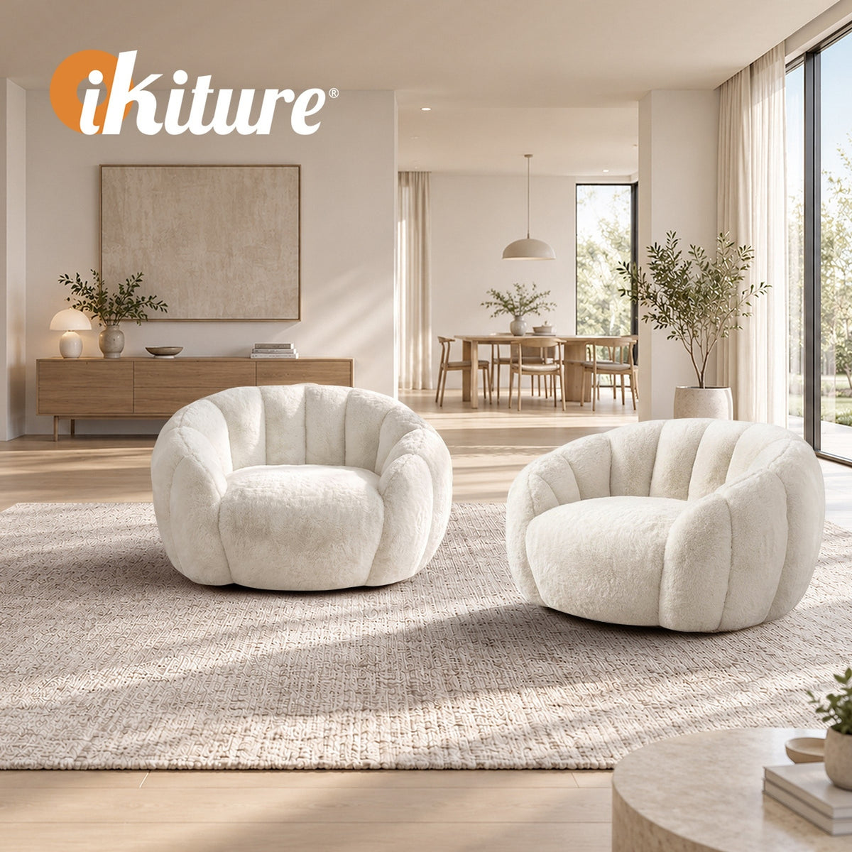 Oikiture 2x Bean Bag Chair Floor Lounge Lazy Sofa Faux Rabbit Fleece Beige - Sunyee