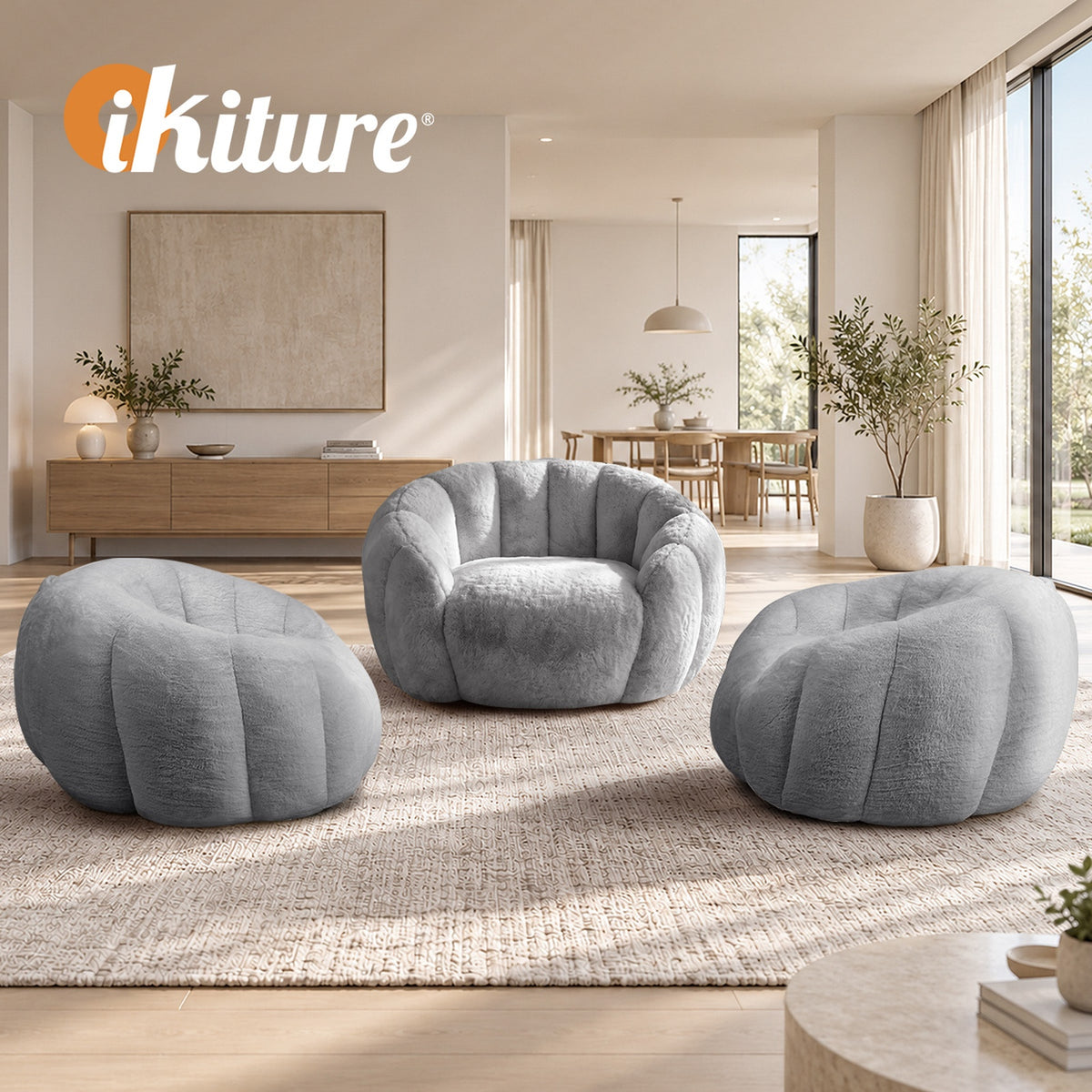 Oikiture Bean Bag Chair Floor Lounge Lazy Sofa Faux Rabbit Fleece Grey - Sunyee