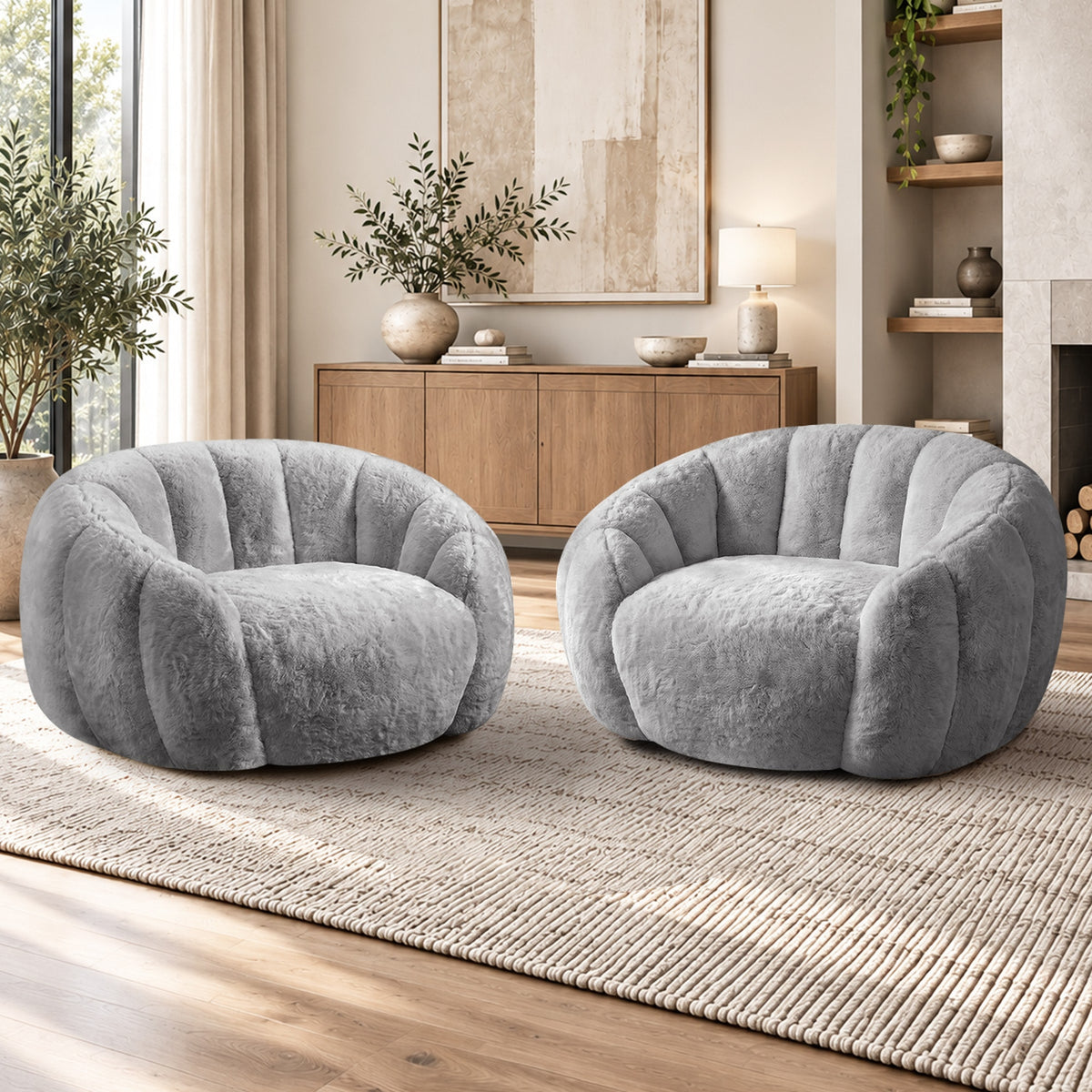 Oikiture 2x Bean Bag Chair Floor Lounge Lazy Sofa Faux Rabbit Fleece Grey - Sunyee