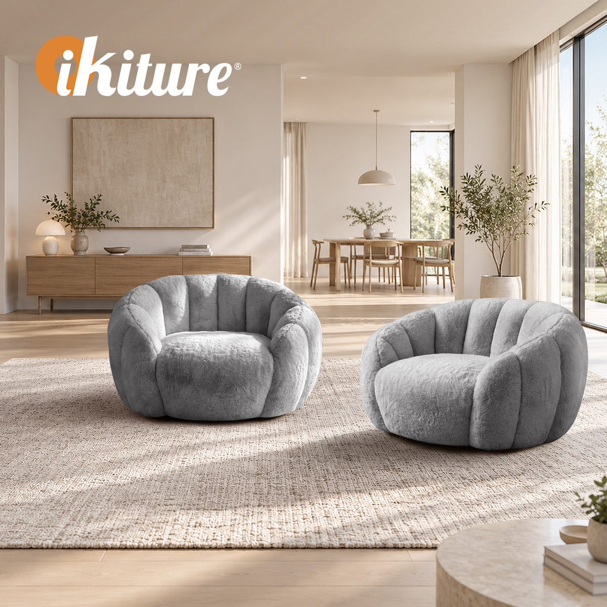 Oikiture 2x Bean Bag Chair Floor Lounge Lazy Sofa Faux Rabbit Fleece Grey - Sunyee
