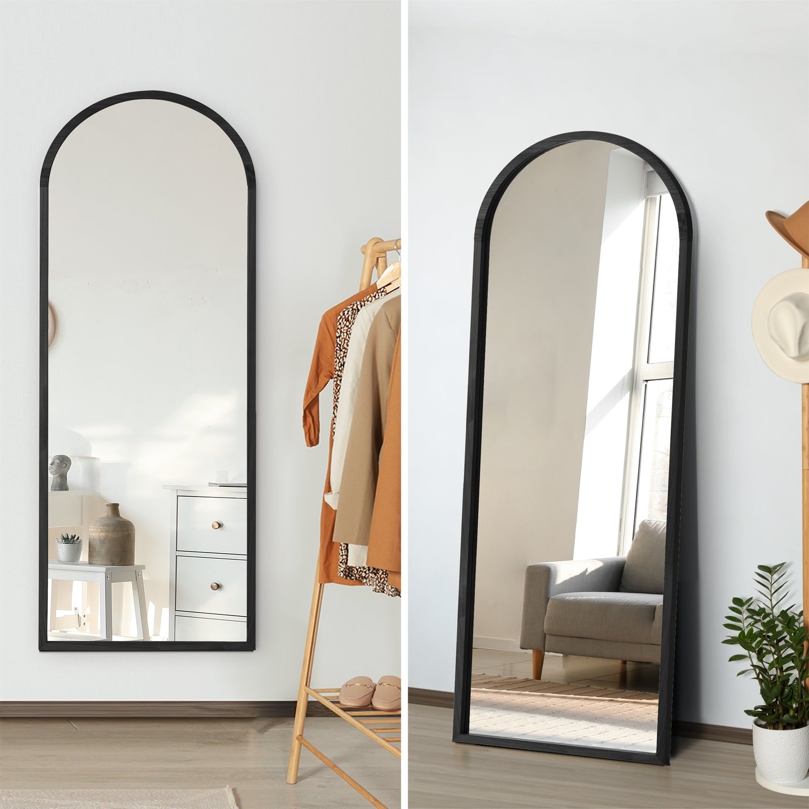 Oikiture Wooden Full Length Mirror 166x60cm Arched Dressing Floor Mirrors Black - Sunyee