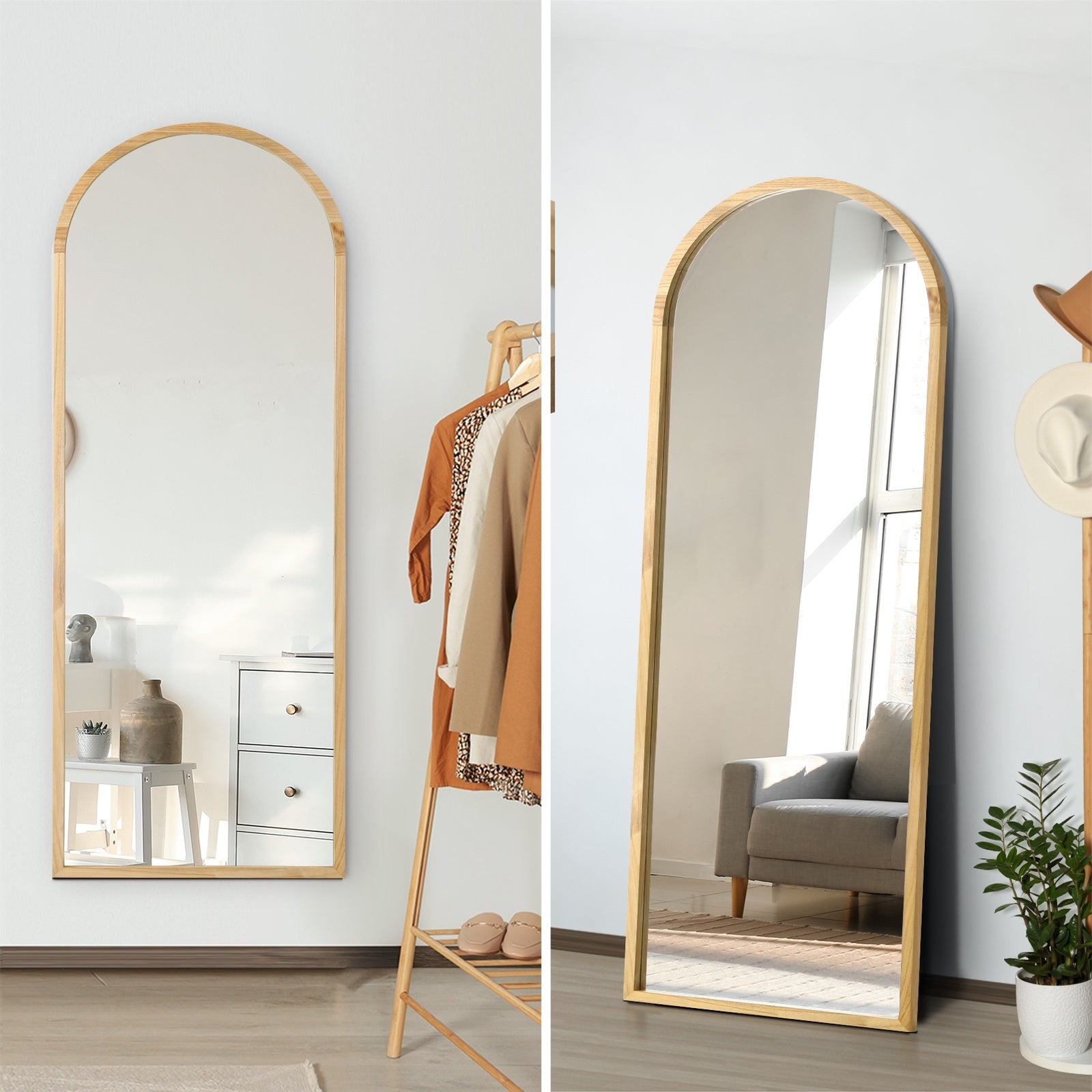 Oikiture Wooden Full Length Mirror 166x60cm Arched Dressing Floor Mirrors - Sunyee