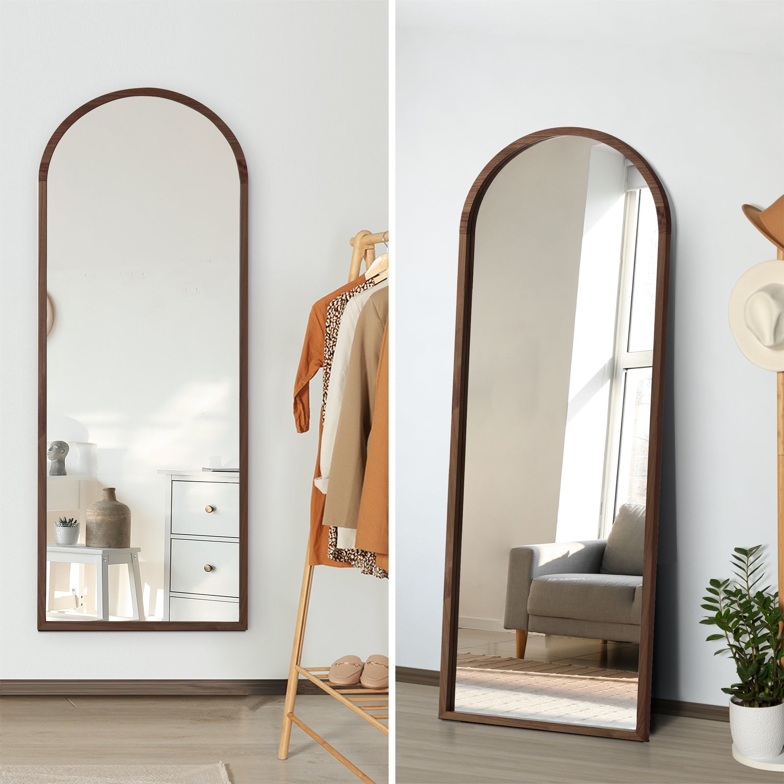 Oikiture Wooden Full Length Mirror 166x60cm Arched Dressing Floor Mirrors Brown - Sunyee