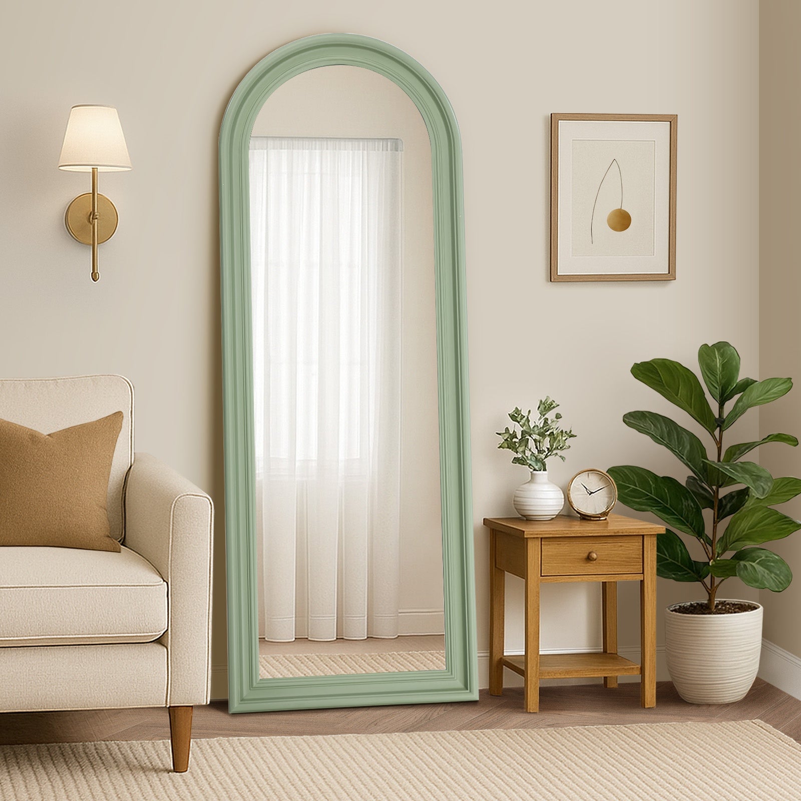 Oikiture Full Length Mirror Elegance Arch 165x60cm Green Wood Floor Mirrors - Sunyee