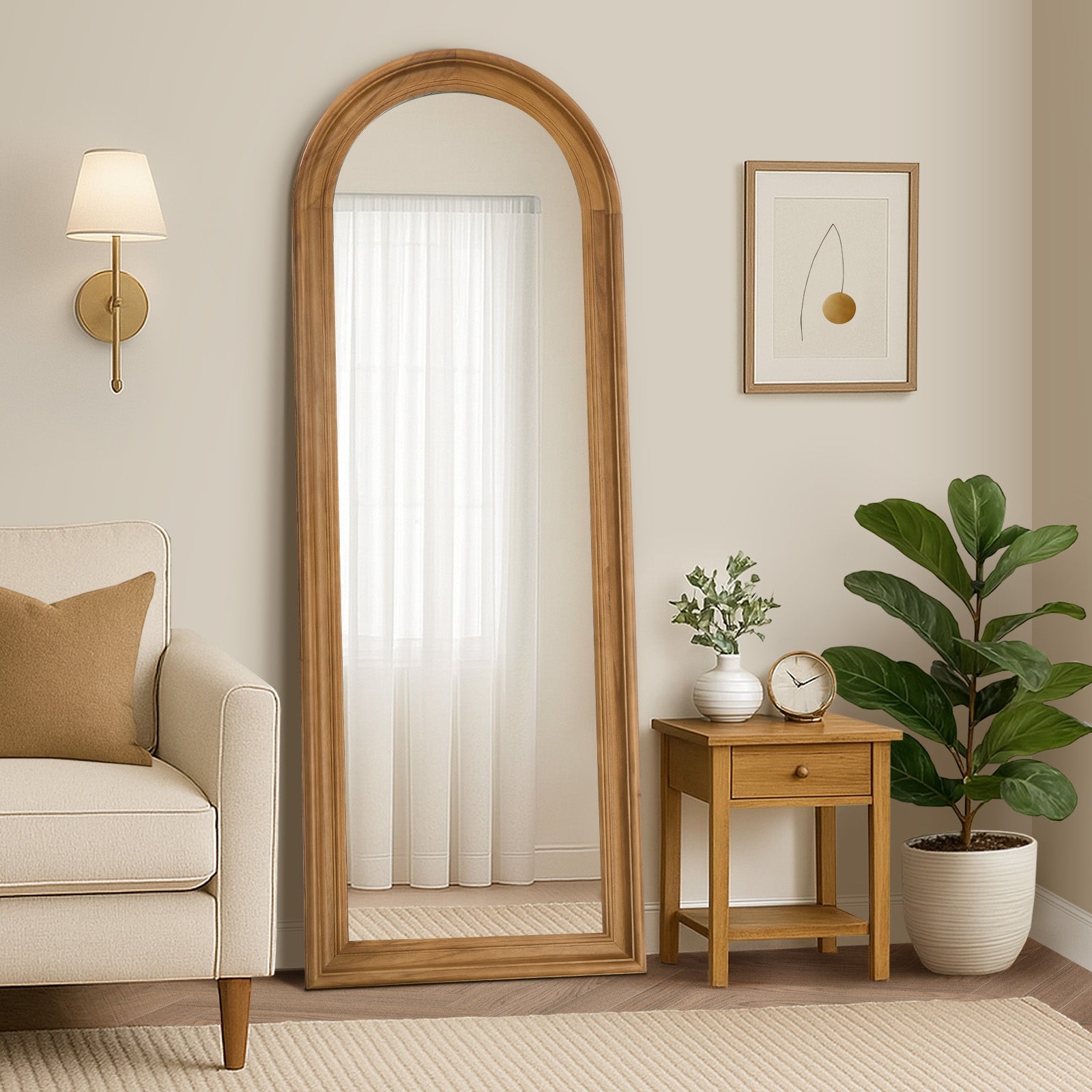 Oikiture Full Length Mirror Elegance Arch 165x60cm Brown Wood Floor Mirrors - Sunyee