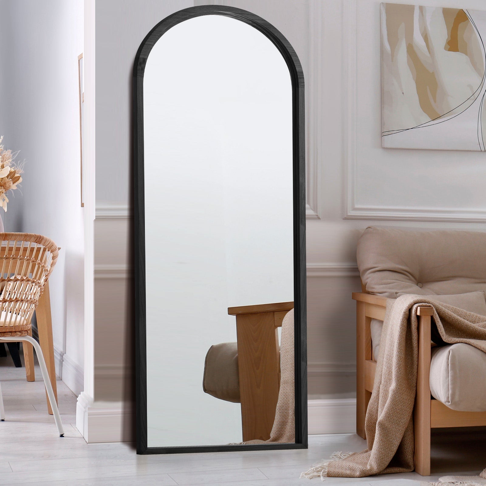 Oikiture Wooden Full Length Mirror 180x70cm Arched Dressing Floor Mirrors Black - Sunyee