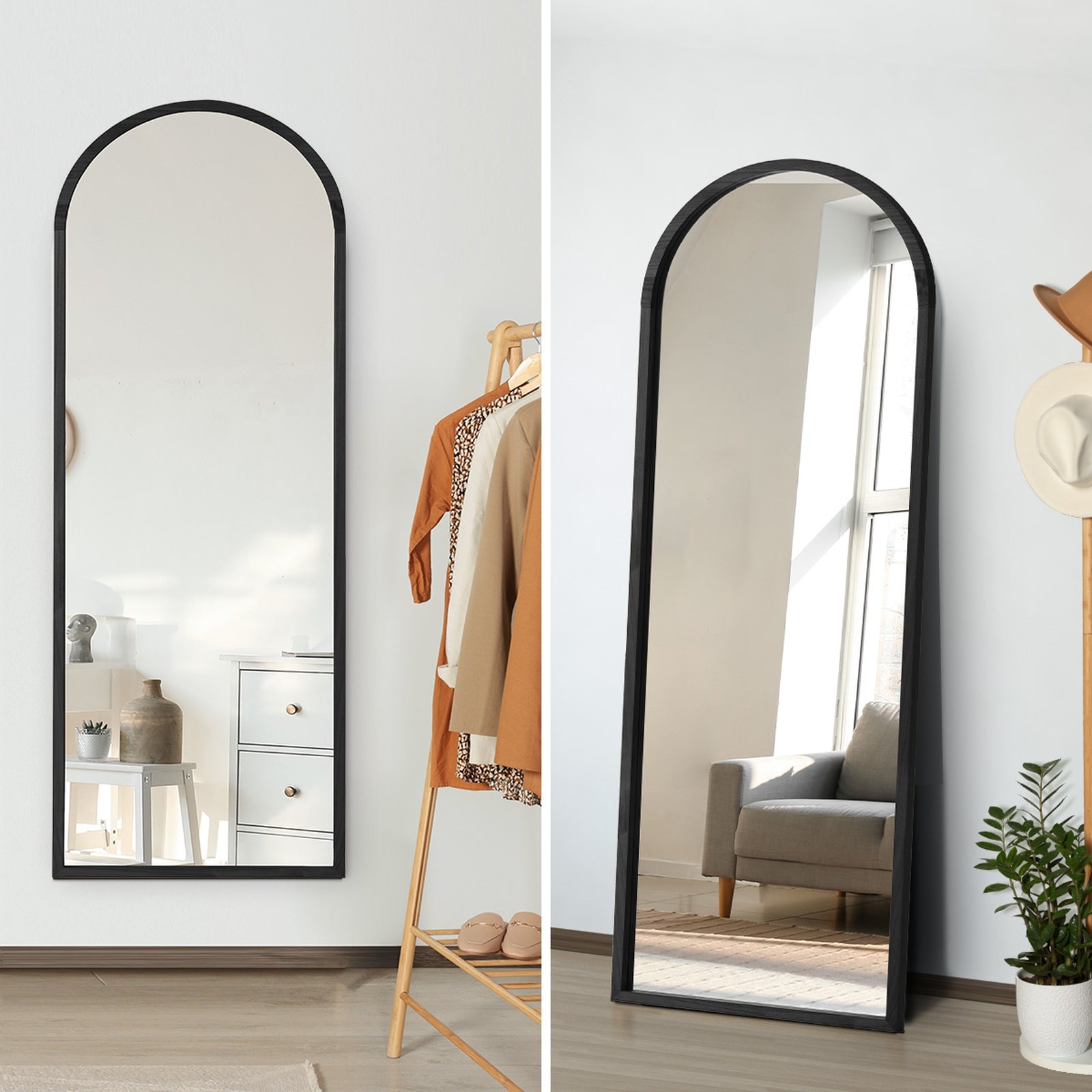 Oikiture Wooden Full Length Mirror 180x70cm Arched Dressing Floor Mirrors Black - Sunyee