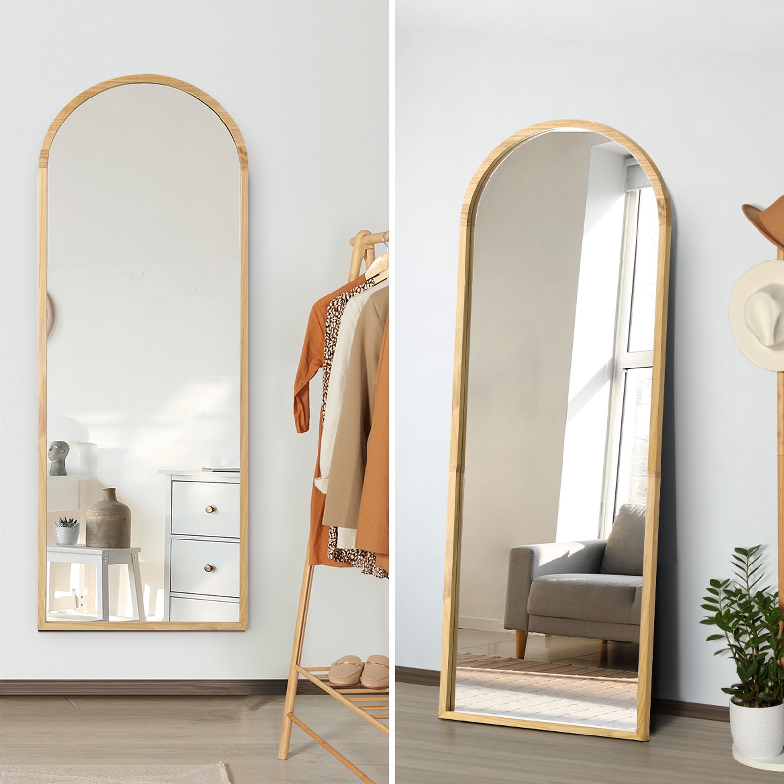 Oikiture Wooden Full Length Mirror 180x70cm Arched Dressing Floor Mirrors - Sunyee