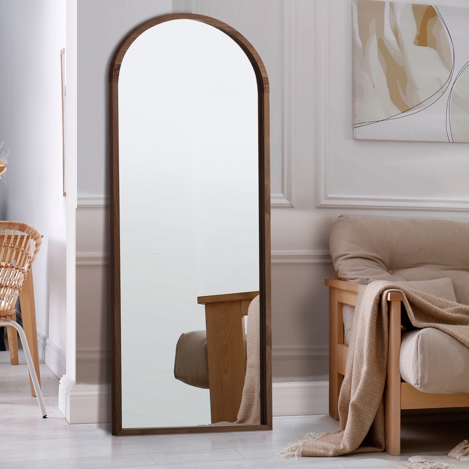 Oikiture Wooden Full Length Mirror 180x70cm Arched Dressing Floor Mirrors Brown - Sunyee