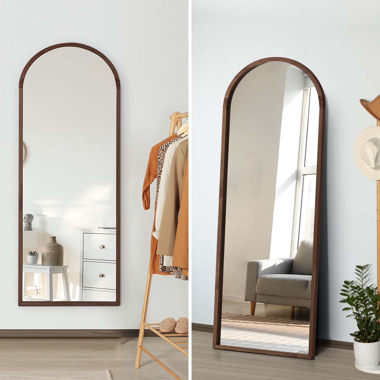 Oikiture Wooden Full Length Mirror 180x70cm Arched Dressing Floor Mirrors Brown - Sunyee