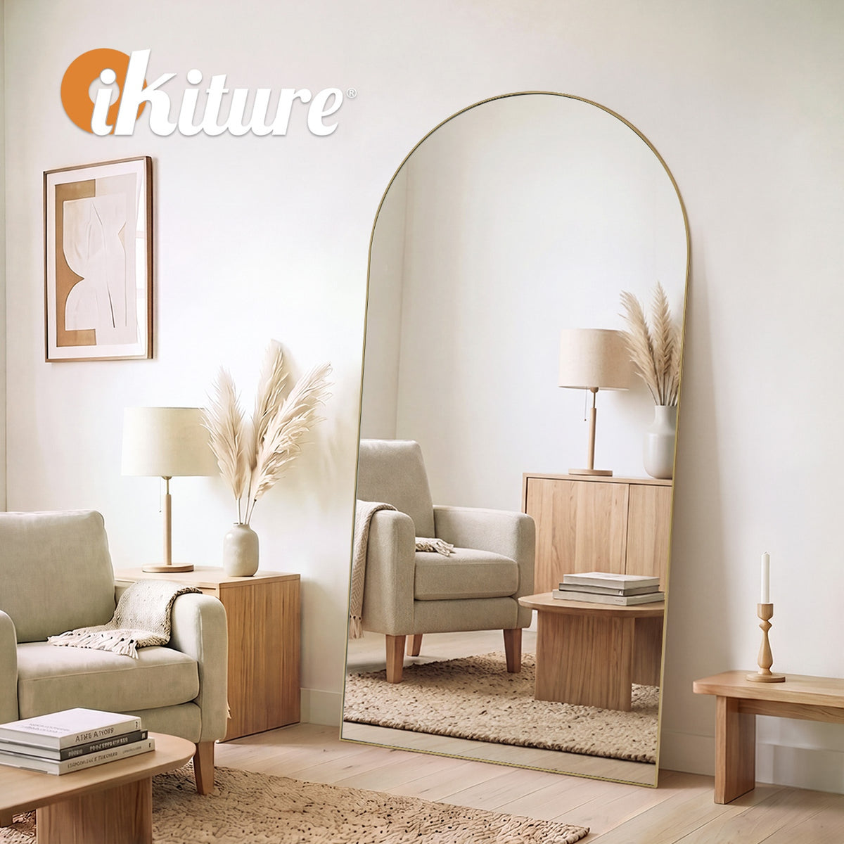 Oikiture Arched Full Length Mirror Large Body Mirror Floor Wall 200cm Gold