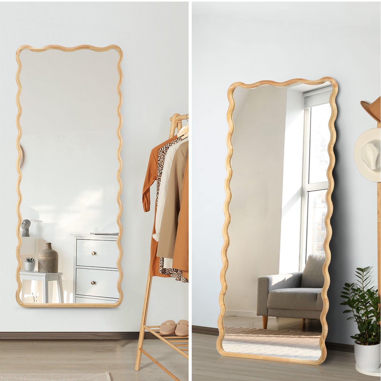 Oikiture Wooden Full Length Mirror 165x60cm Wavy Dressing Floor Mirrors - Sunyee