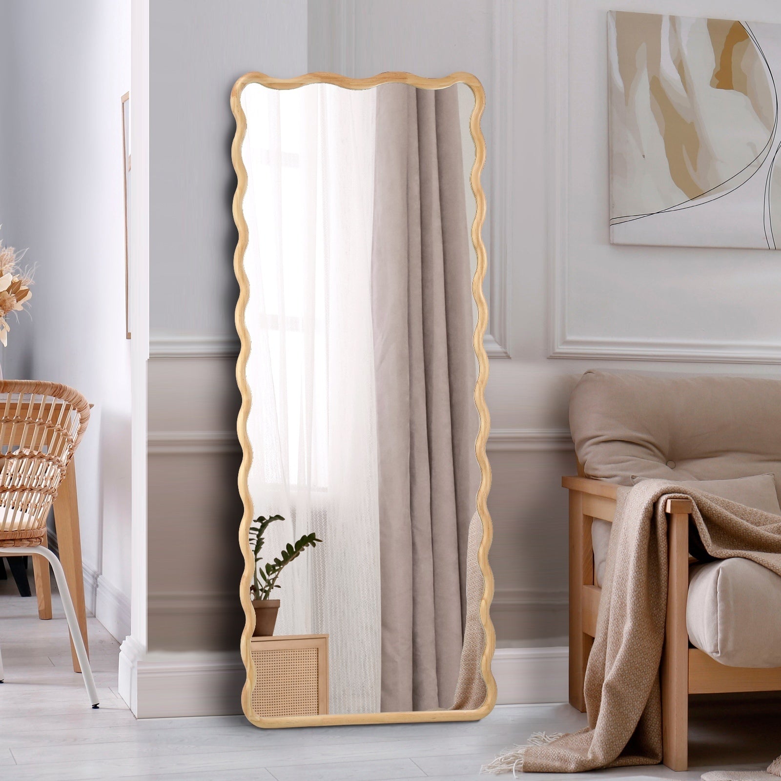 Oikiture Wooden Full Length Mirror 180x70cm Wavy Dressing Floor Mirrors - Sunyee