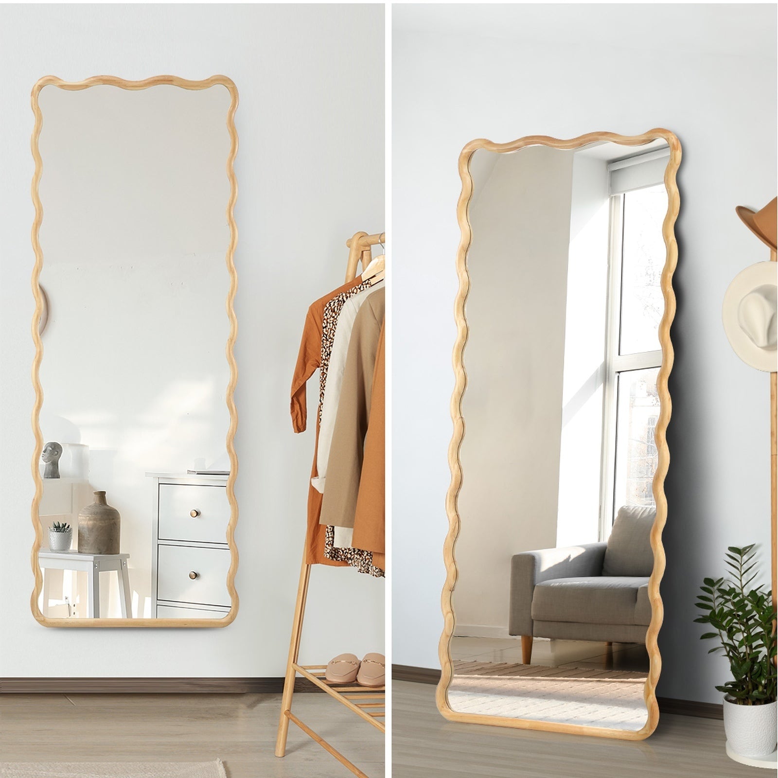 Oikiture Wooden Full Length Mirror 180x70cm Wavy Dressing Floor Mirrors - Sunyee