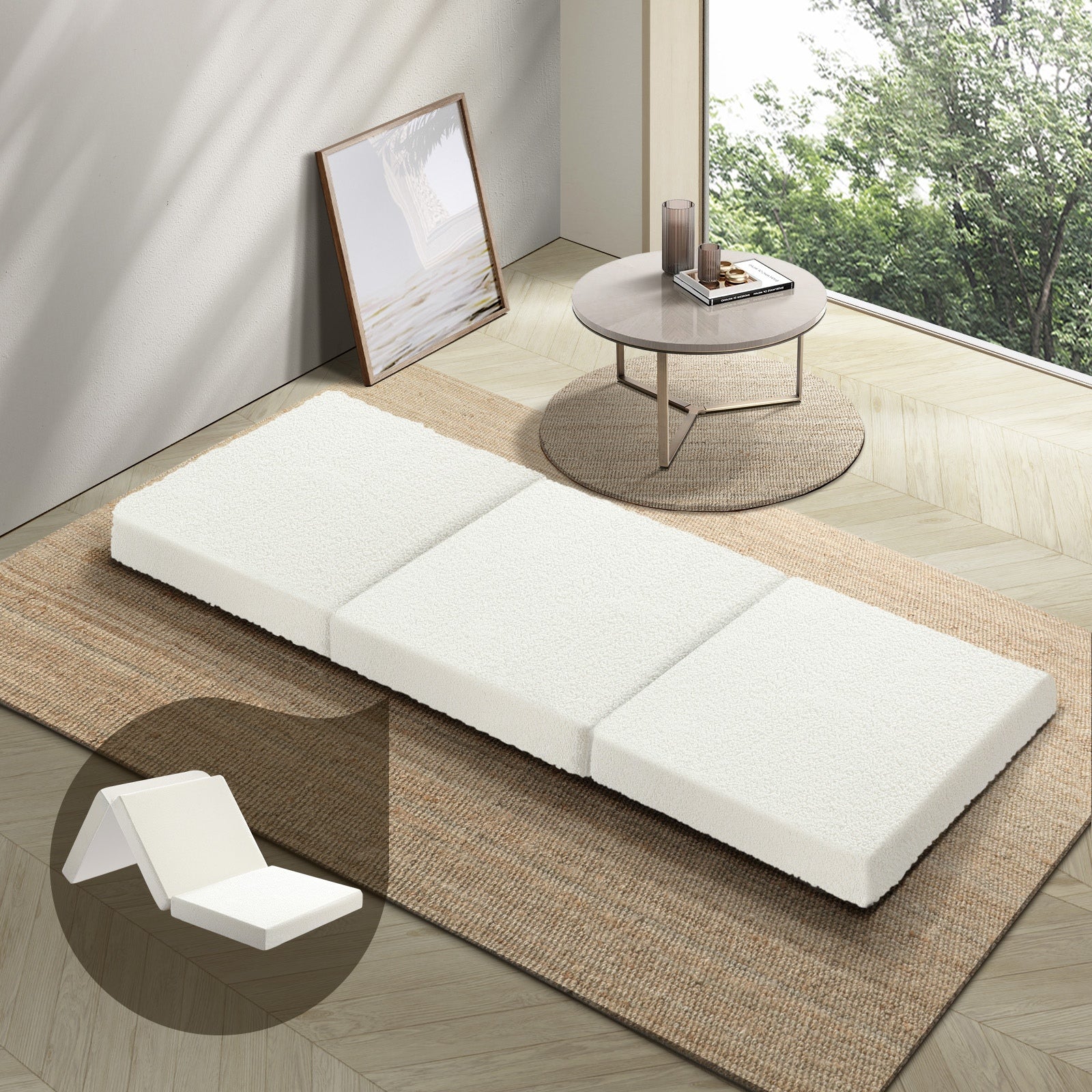 Bedra Folding Mattress Sherpa Fleece Foam 3-fold Foldable Floor Sofa Bed Single - Sunyee