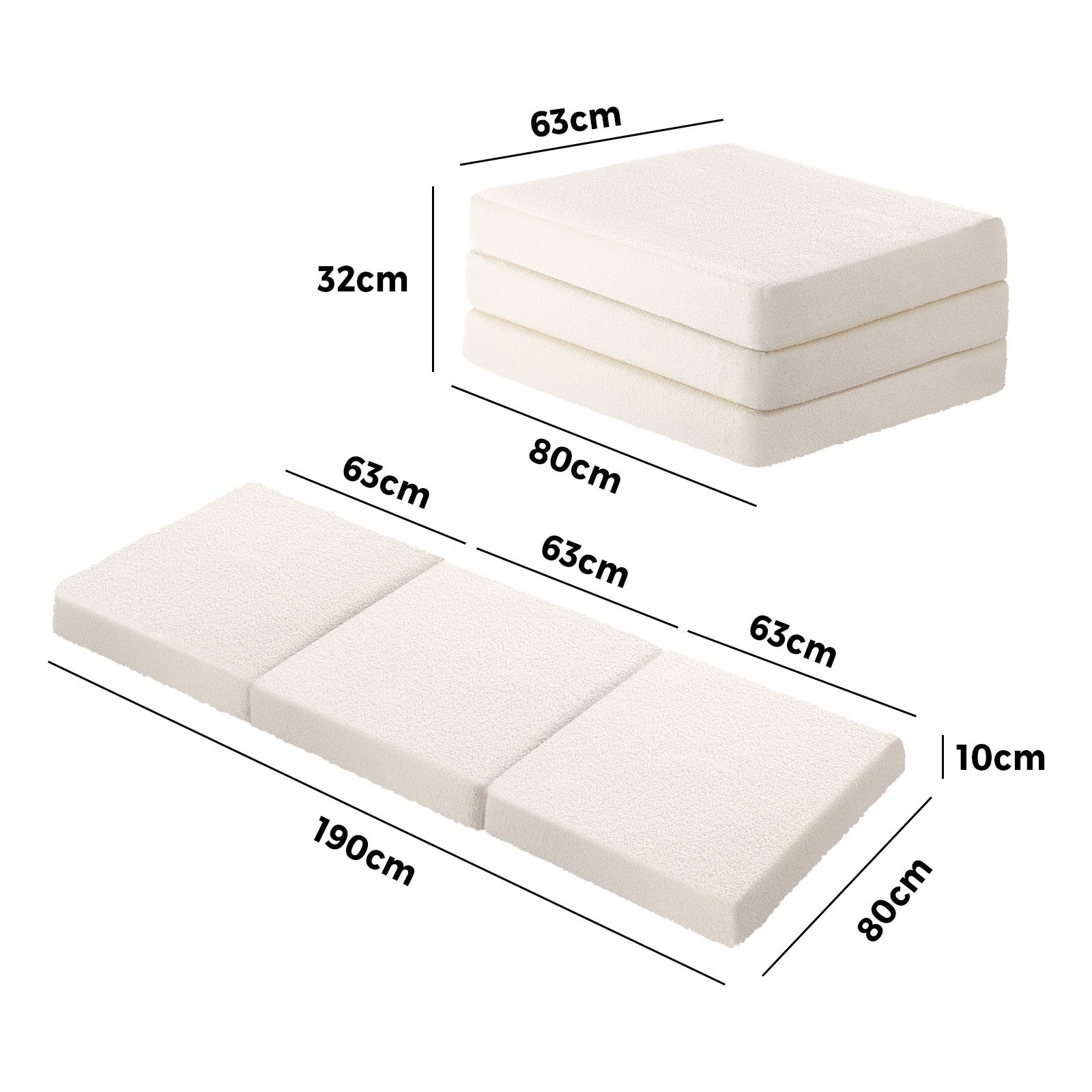 Bedra Folding Mattress Sherpa Fleece Foam 3-fold Foldable Floor Sofa Bed Single - Sunyee