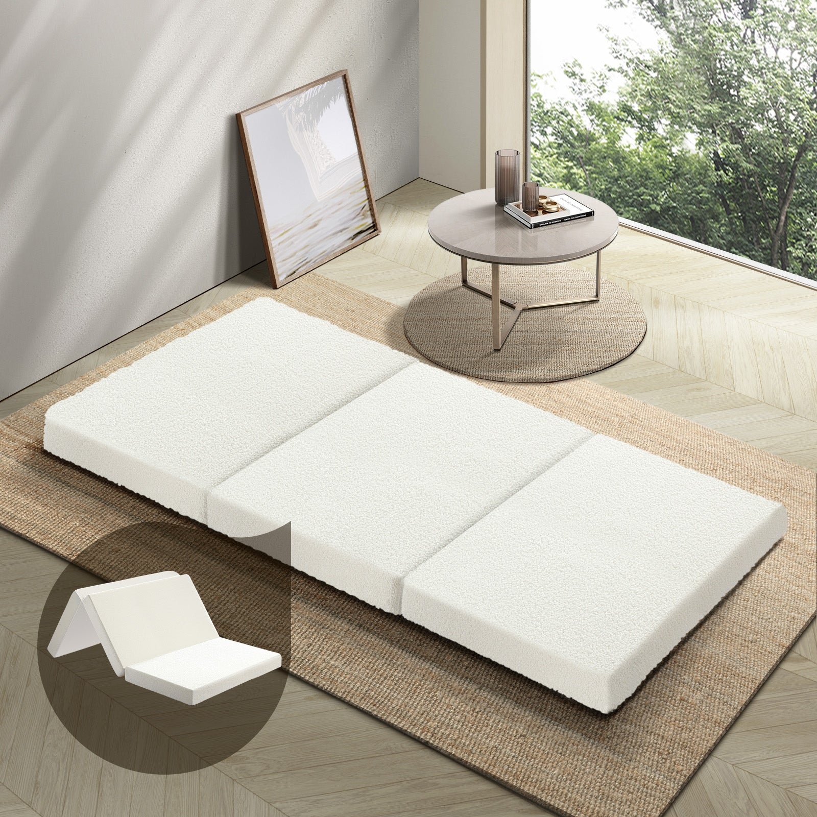 Bedra Folding Foam Mattress Sherpa Fleece Portable 3-fold Foldable Bed Double - Sunyee