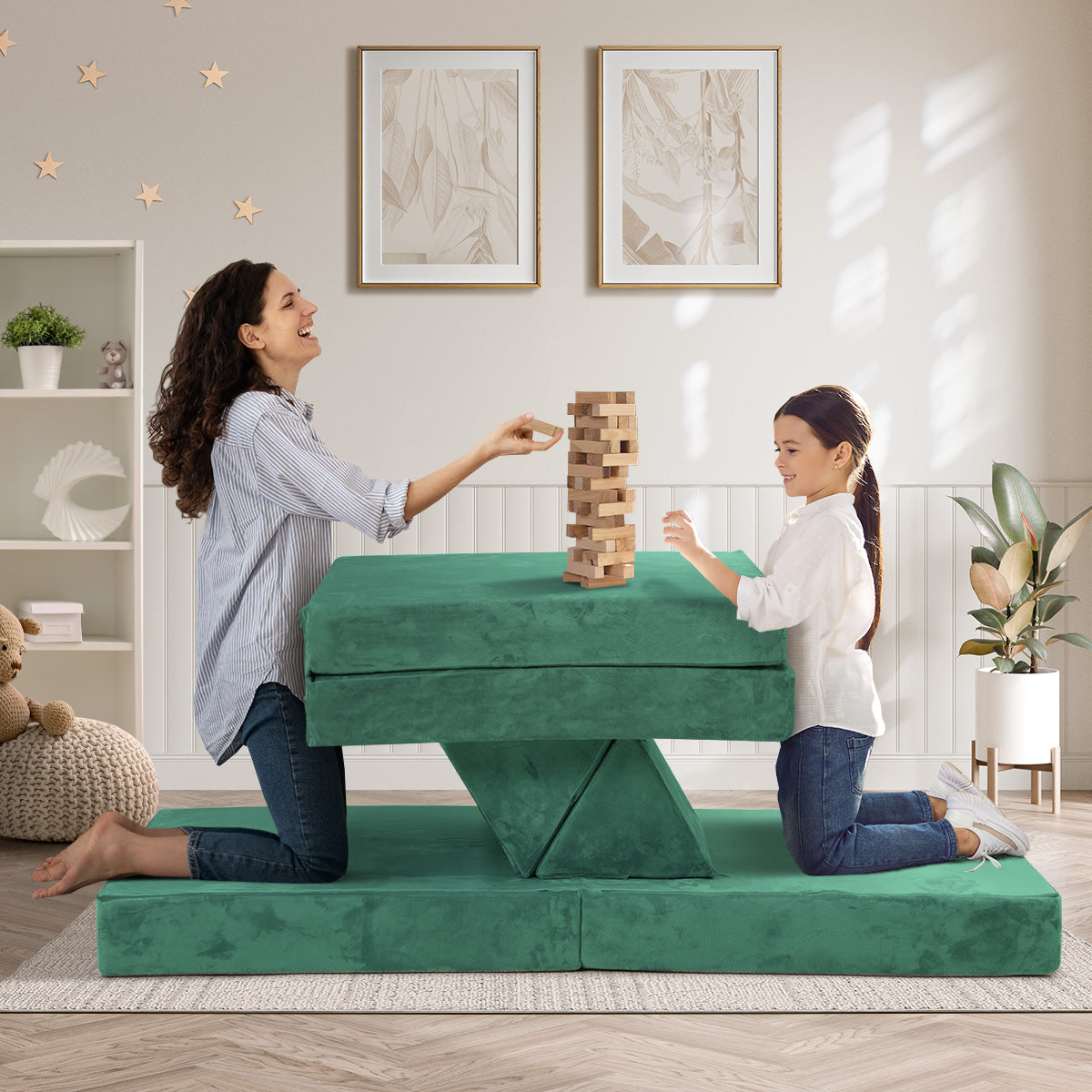 Oikiture 4Pcs Kids Play Couch Modular Lounge Cushion Convertible Playset Green - Sunyee