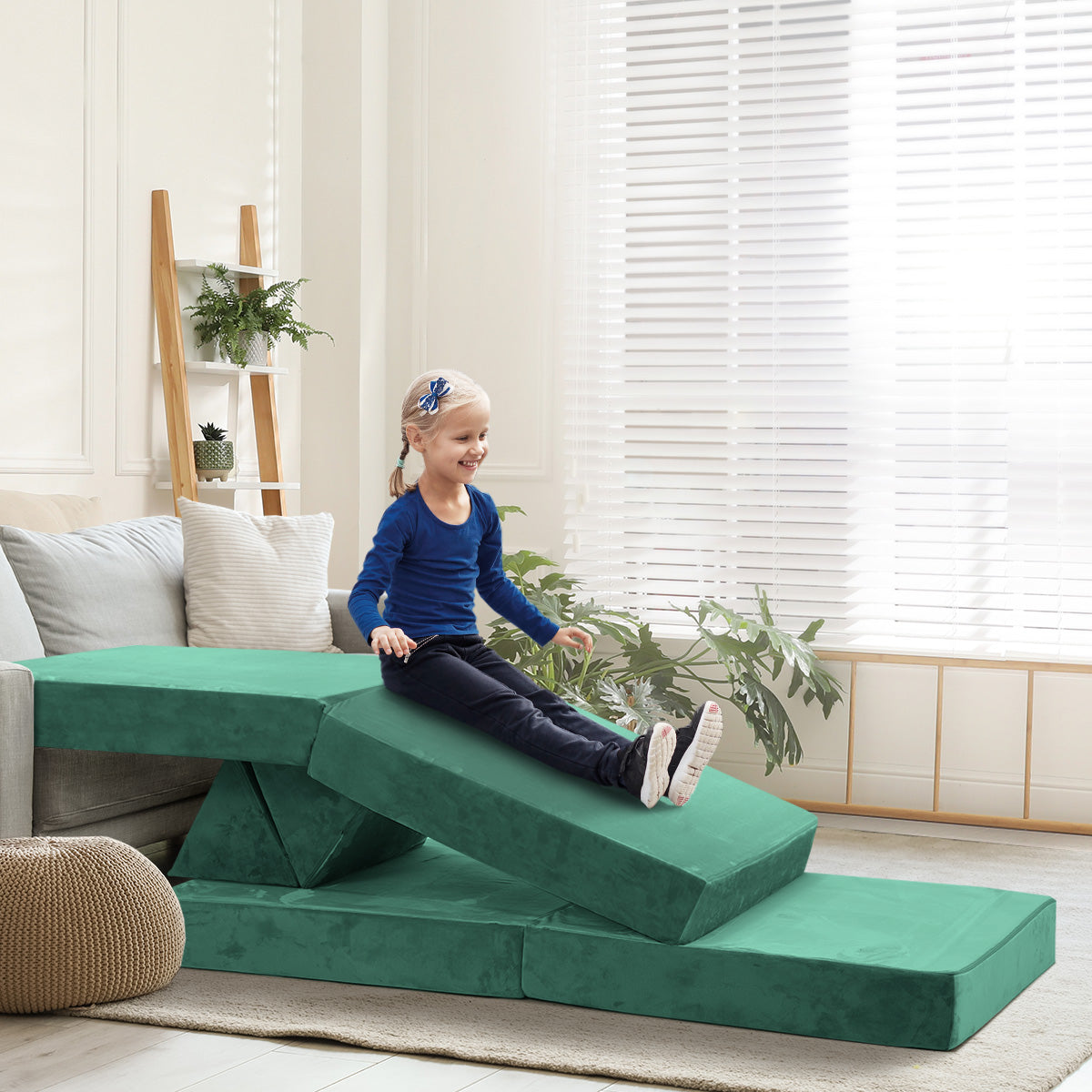 Oikiture 4Pcs Kids Play Couch Modular Lounge Cushion Convertible Playset Green - Sunyee