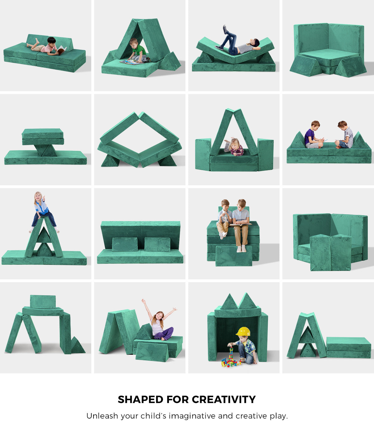 Oikiture 4Pcs Kids Play Couch Modular Lounge Cushion Convertible Playset Green - Sunyee