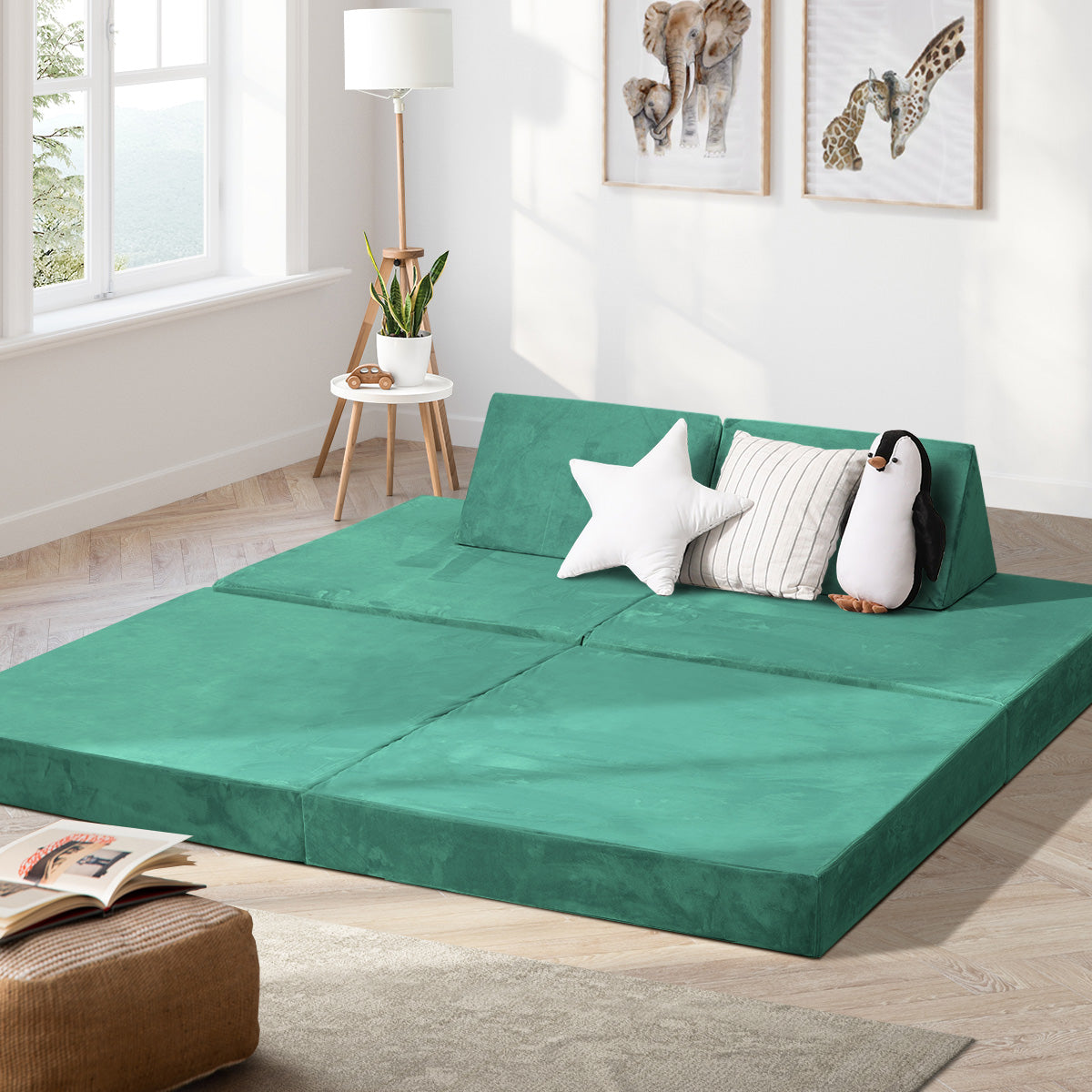 Oikiture 4Pcs Kids Play Couch Modular Lounge Cushion Convertible Playset Green - Sunyee