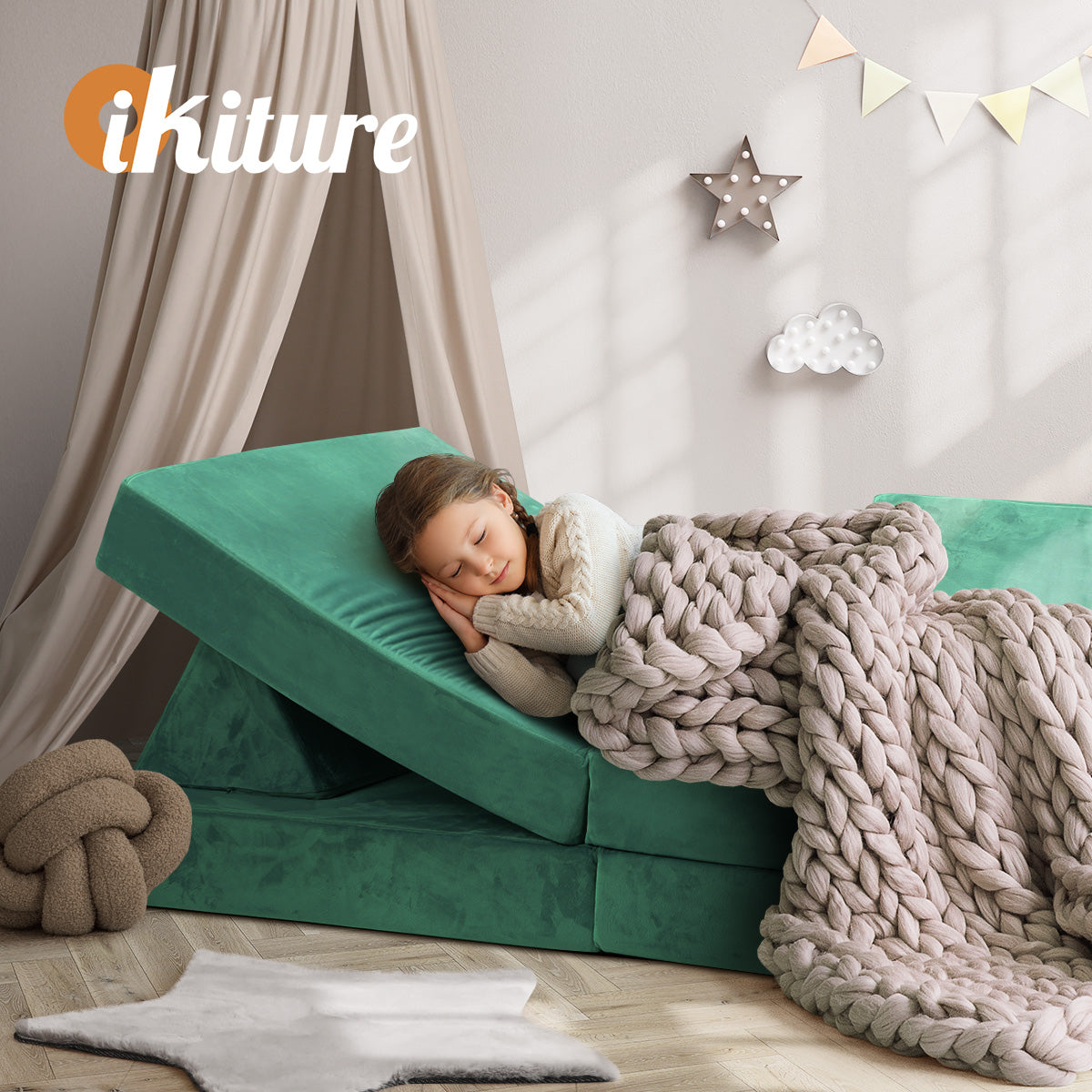 Oikiture 4Pcs Kids Play Couch Modular Lounge Cushion Convertible Playset Green - Sunyee