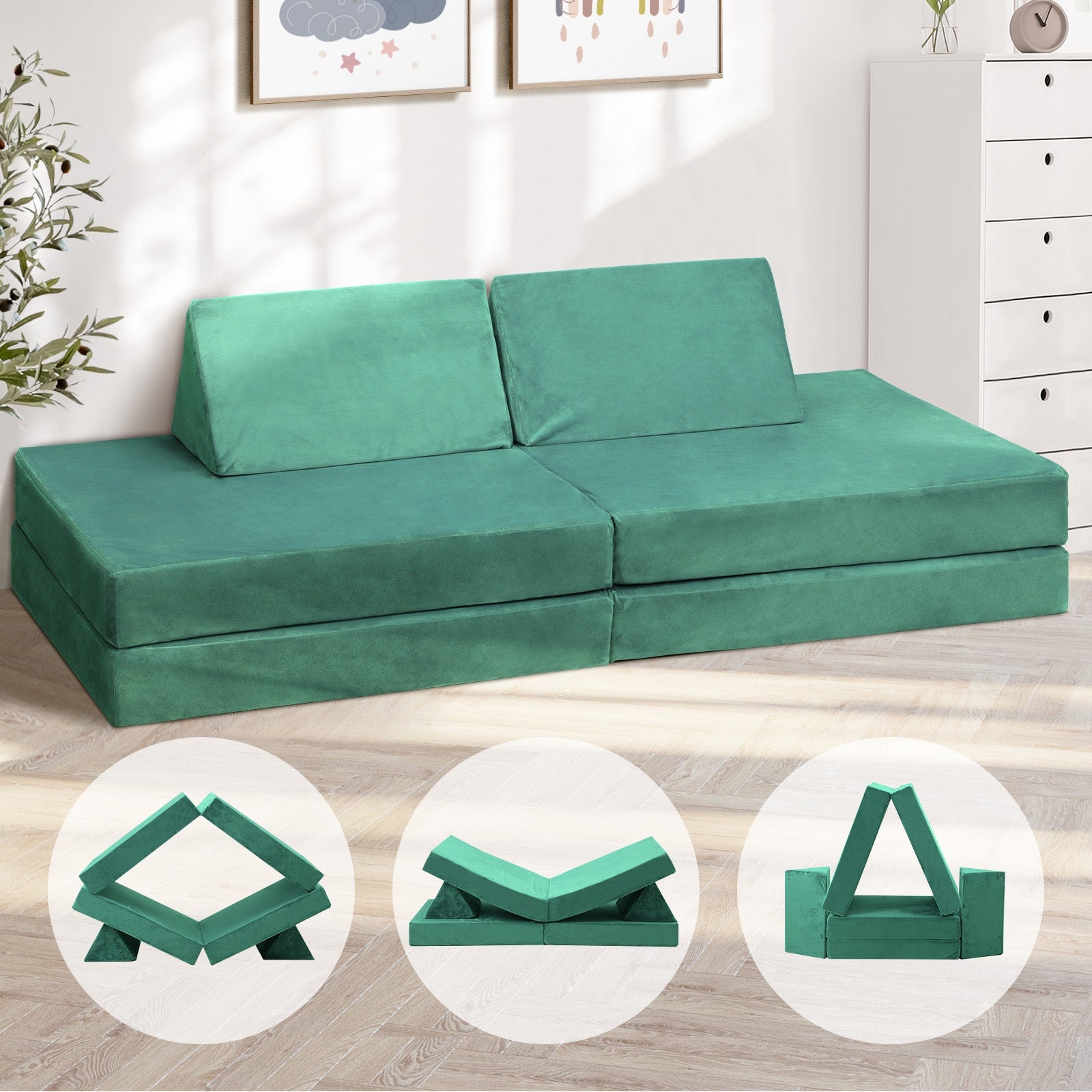 Oikiture 4Pcs Kids Play Couch Modular Lounge Cushion Convertible Playset Green - Sunyee