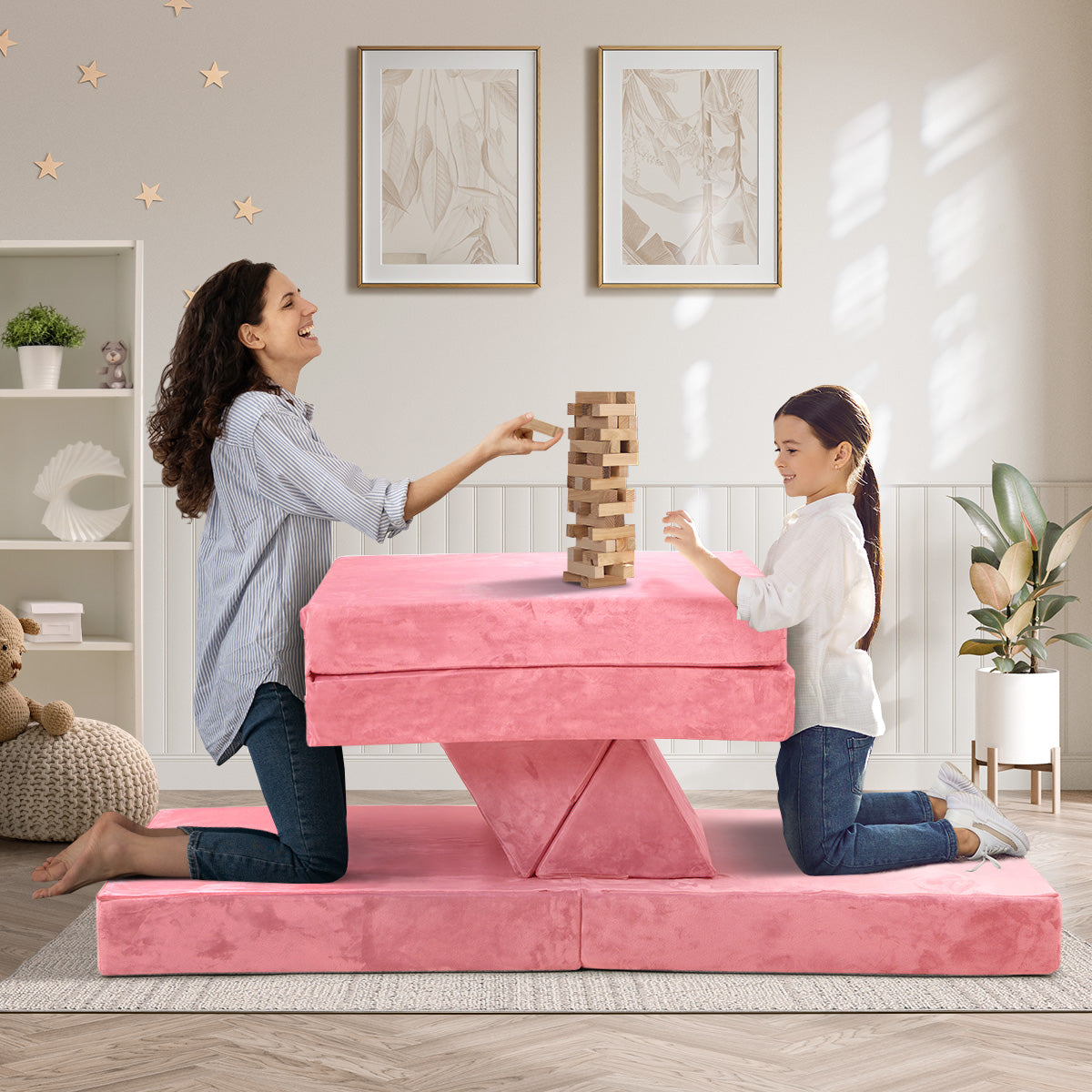 Oikiture 4Pcs Kids Play Couch Modular Lounge Cushion Convertible Playset Pink - Sunyee