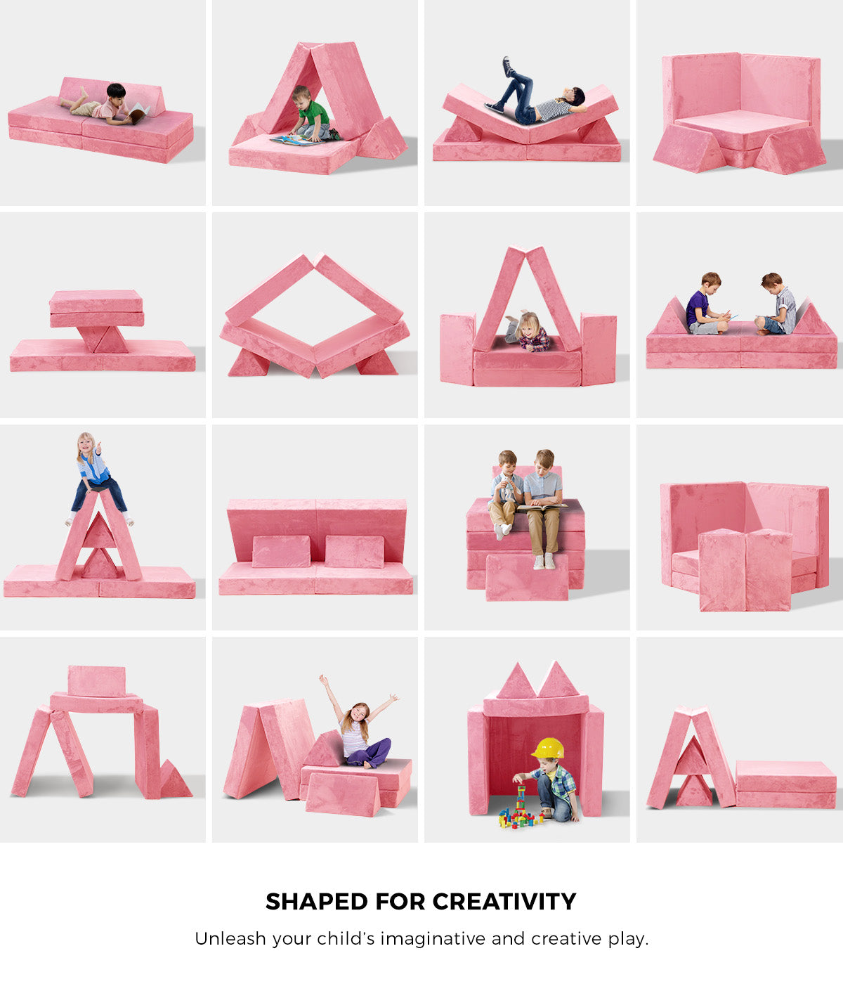Oikiture 4Pcs Kids Play Couch Modular Lounge Cushion Convertible Playset Pink - Sunyee