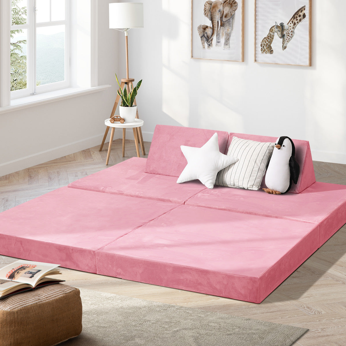Oikiture 4Pcs Kids Play Couch Modular Lounge Cushion Convertible Playset Pink - Sunyee
