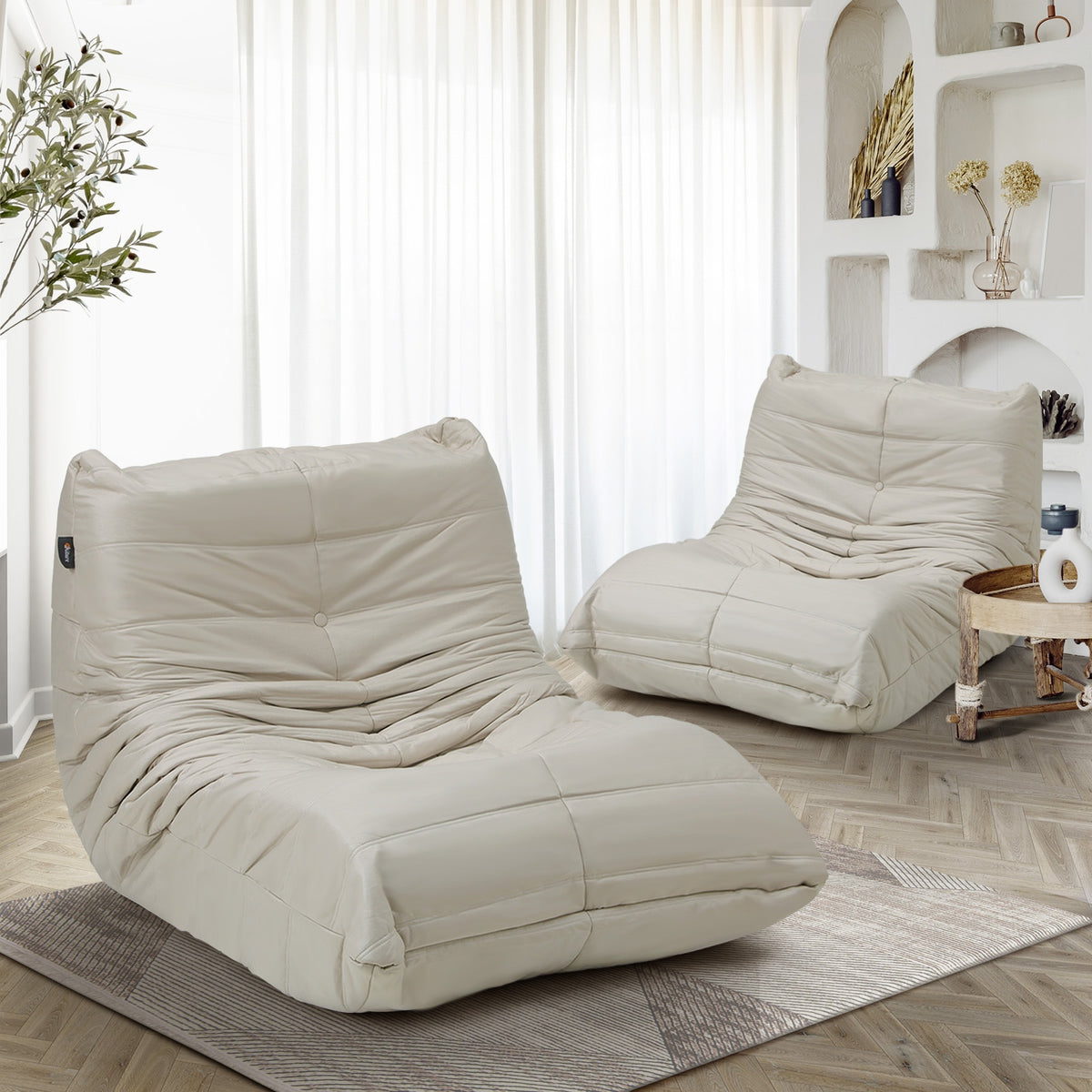 Oikiture 2X Floor Sofa Lounge Caterpillar Lazy Couch Single Chair Pouffe Beige - Sunyee