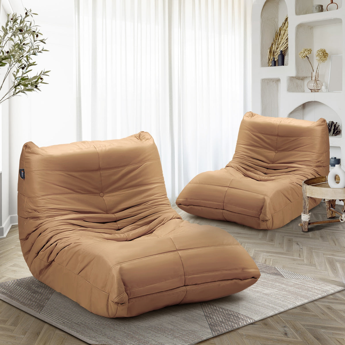 Oikiture 2XFloor Sofa Lounge Caterpillar Couch Single Accent Chair Pouffe Brown - Sunyee