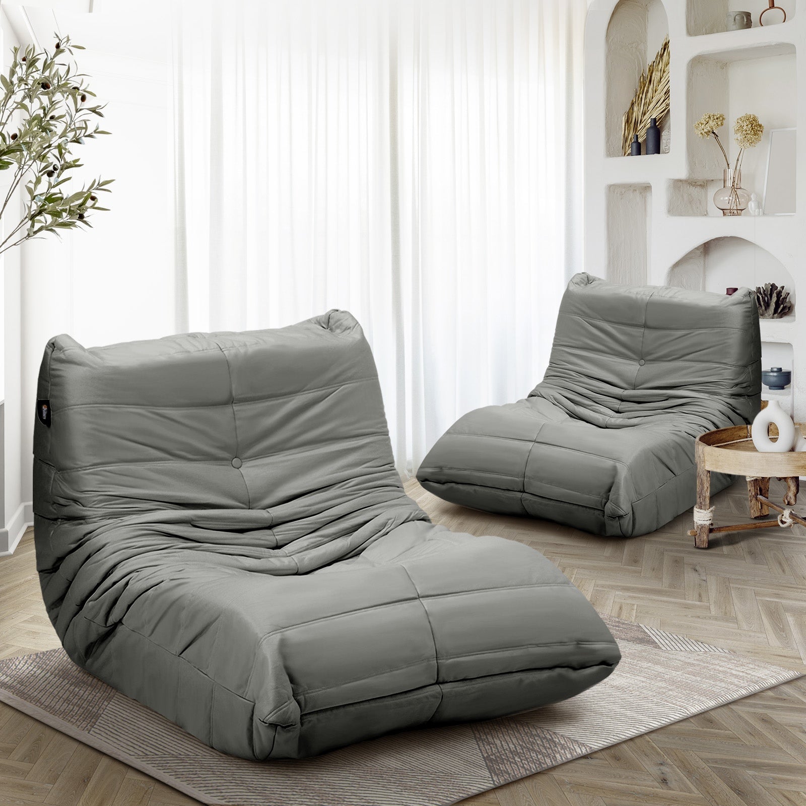 Oikiture 2X Floor Sofa Lounge Caterpillar Couch Single Accent Chair Pouffe Grey - Sunyee
