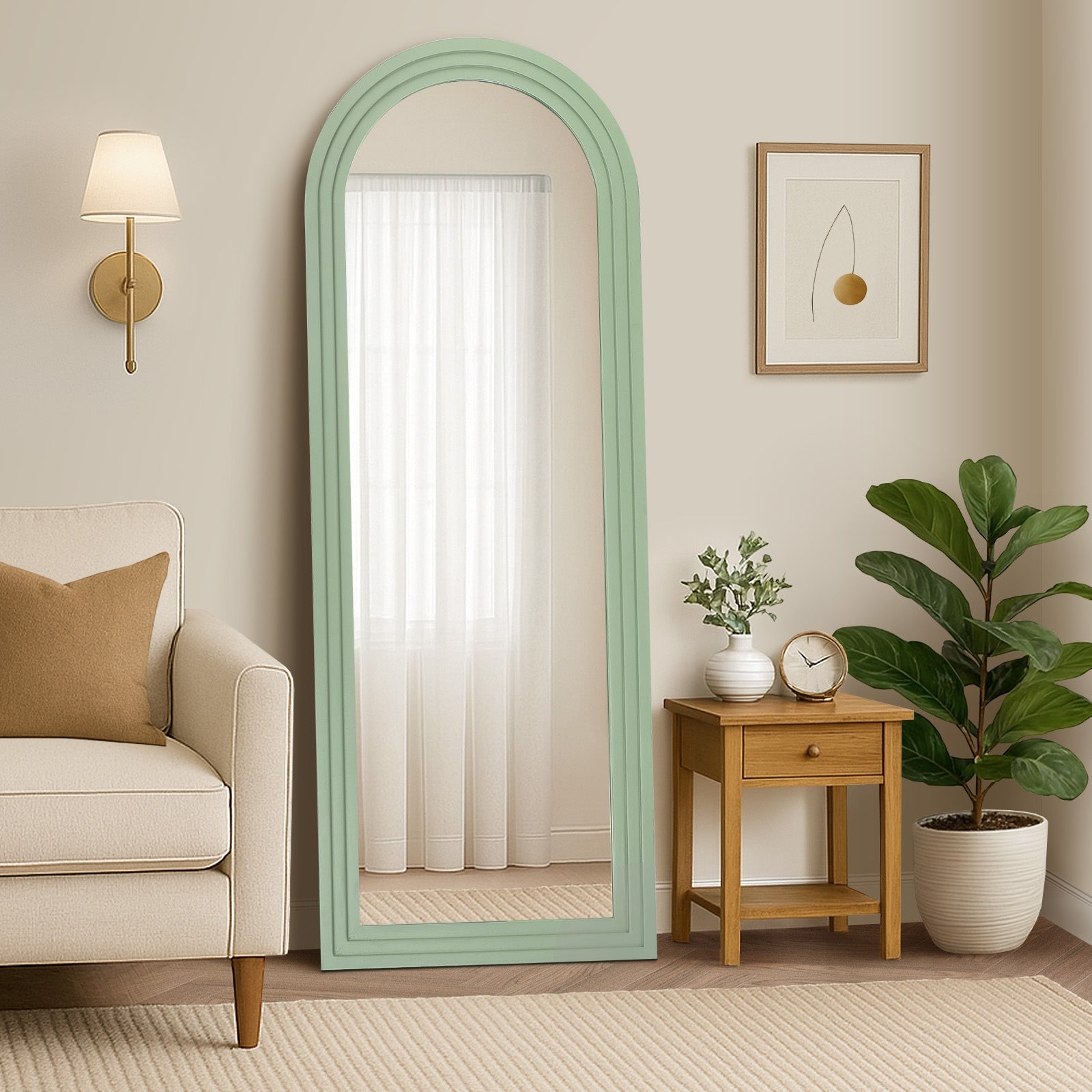Oikiture Full Length Arch Mirror 165x60cm Green Wood Wall Mounted Home Decor - Sunyee
