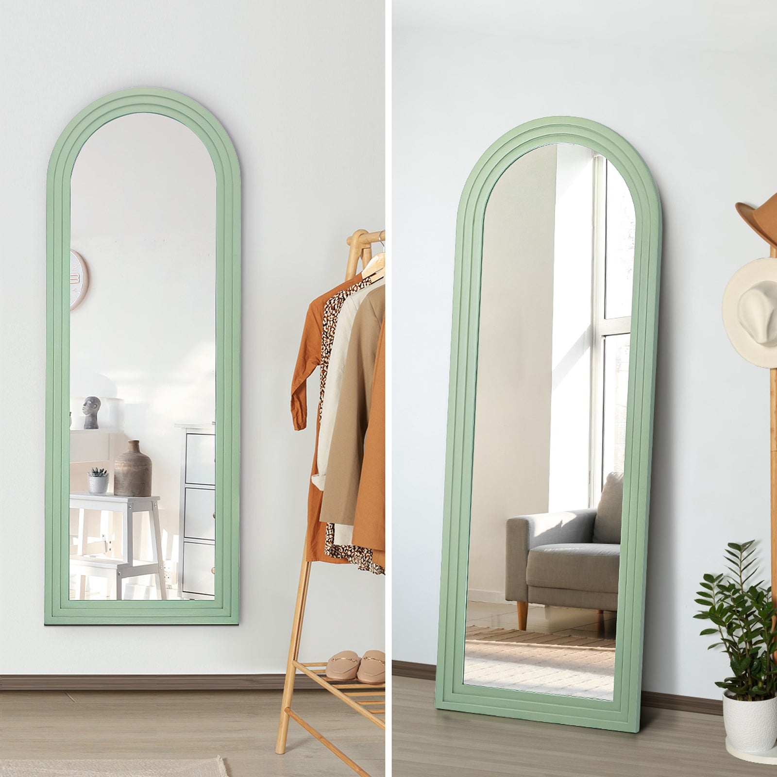 Oikiture Full Length Arch Mirror 165x60cm Green Wood Wall Mounted Home Decor - Sunyee
