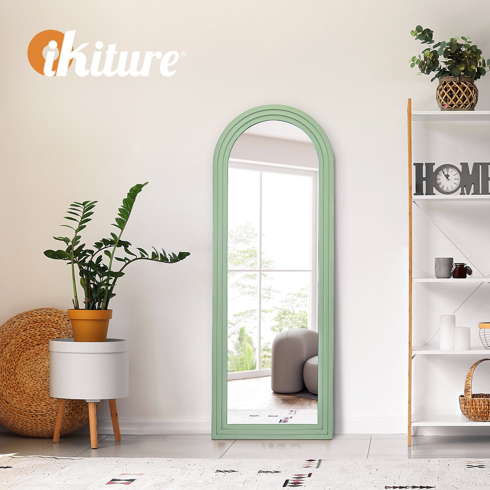 Oikiture Full Length Arch Mirror 165x60cm Green Wood Wall Mounted Home Decor - Sunyee