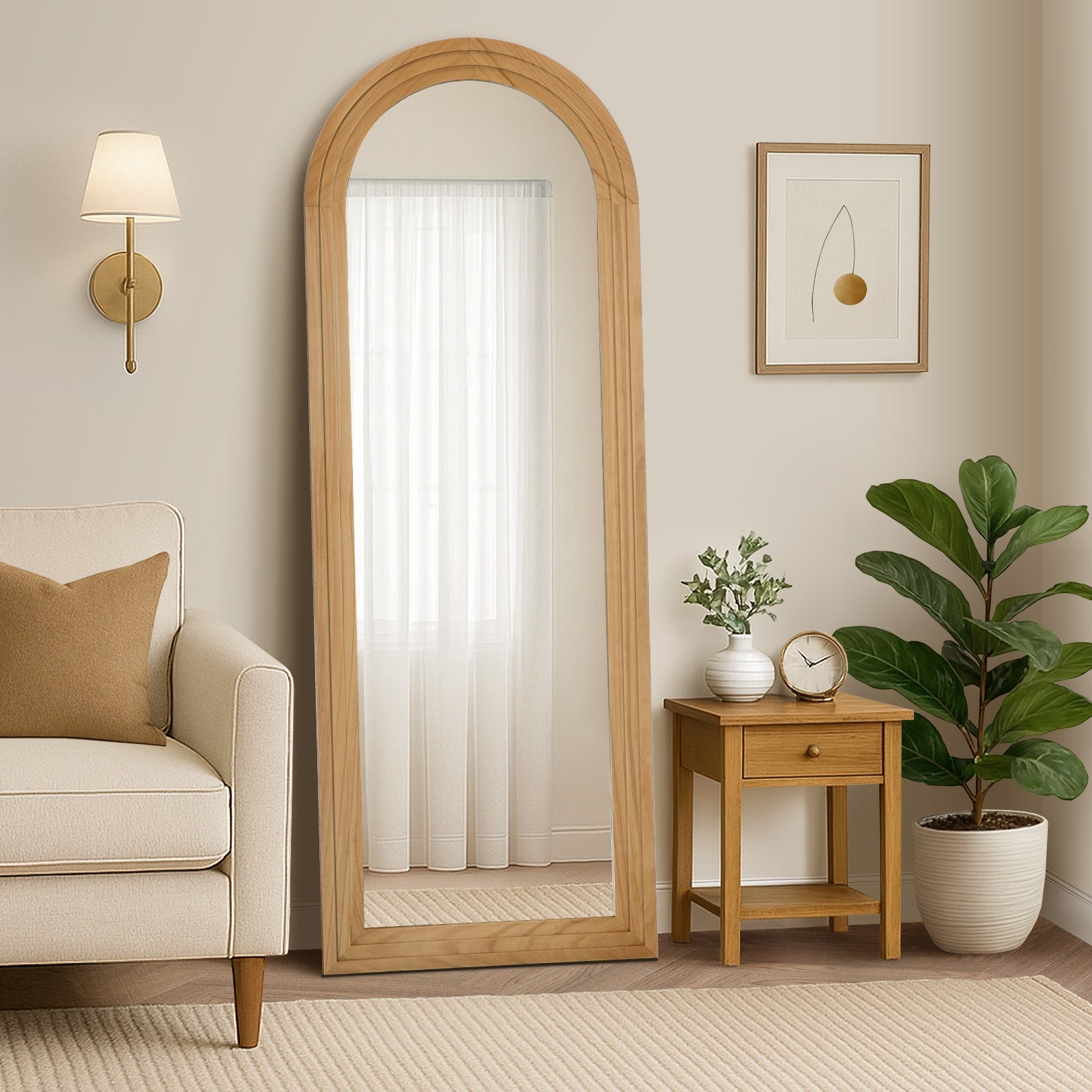 Oikiture Full Length Arch Mirror 165x60cm Natural Wood Wall Mounted Home Decor - Sunyee
