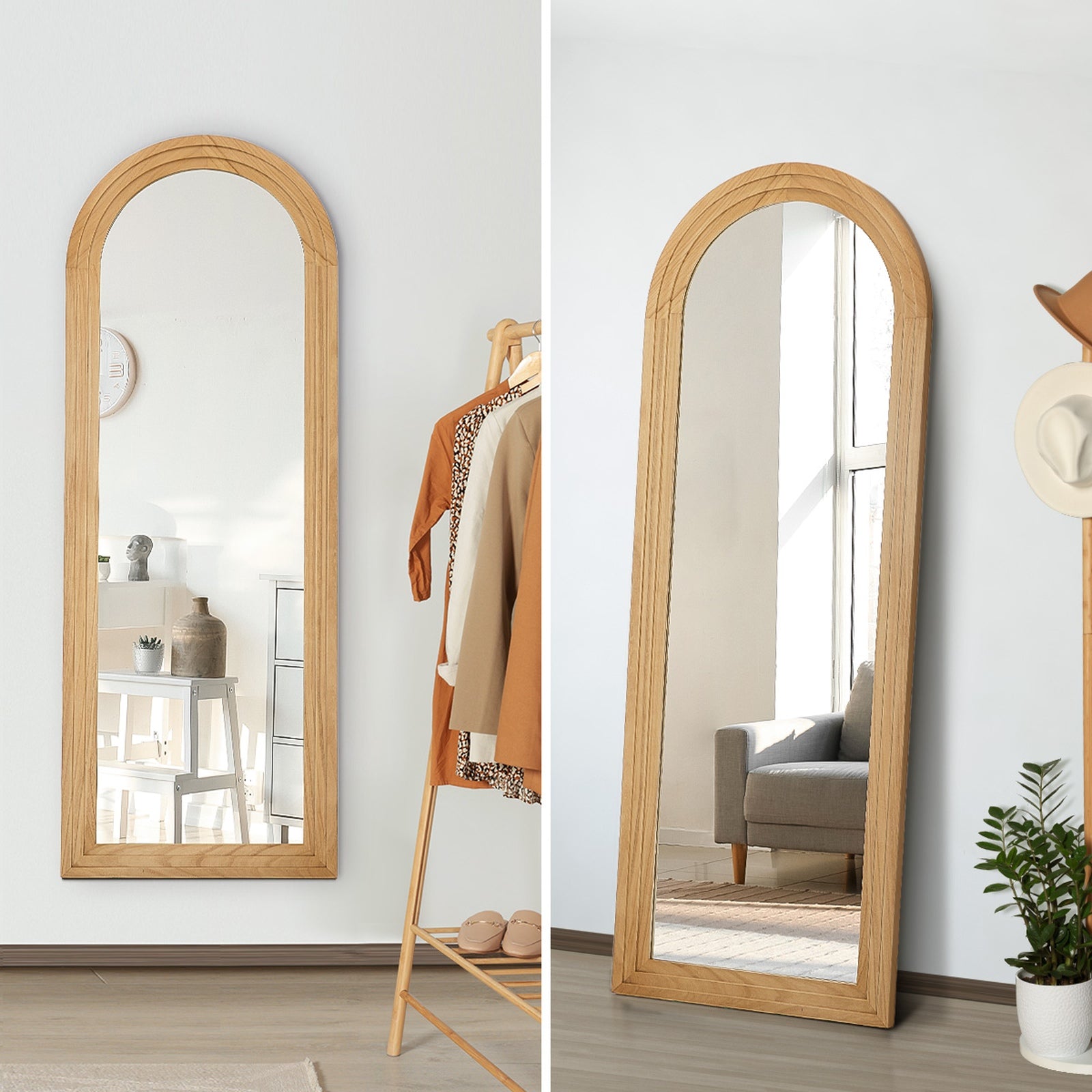 Oikiture Full Length Arch Mirror 165x60cm Natural Wood Wall Mounted Home Decor - Sunyee