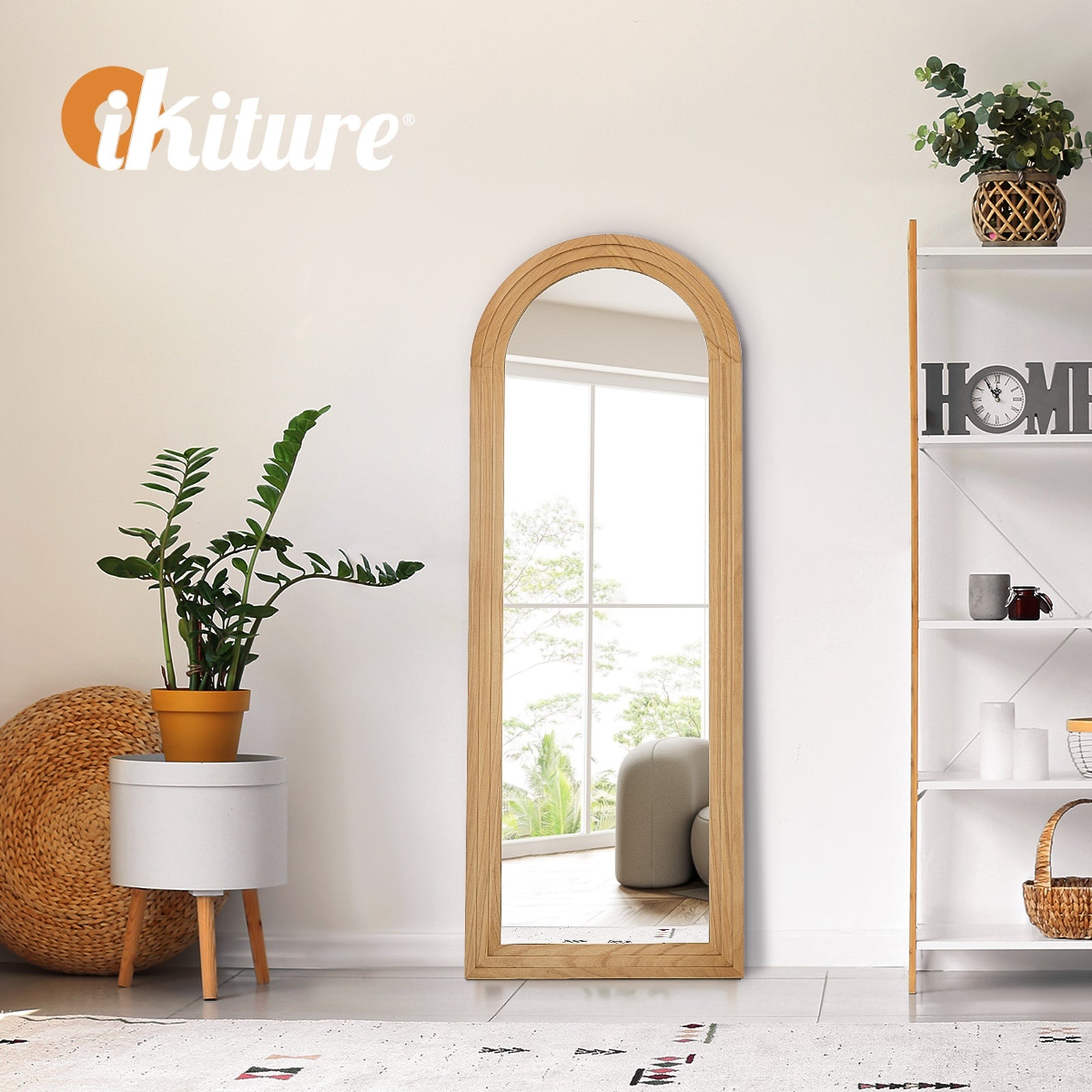 Oikiture Full Length Arch Mirror 165x60cm Natural Wood Wall Mounted Home Decor - Sunyee