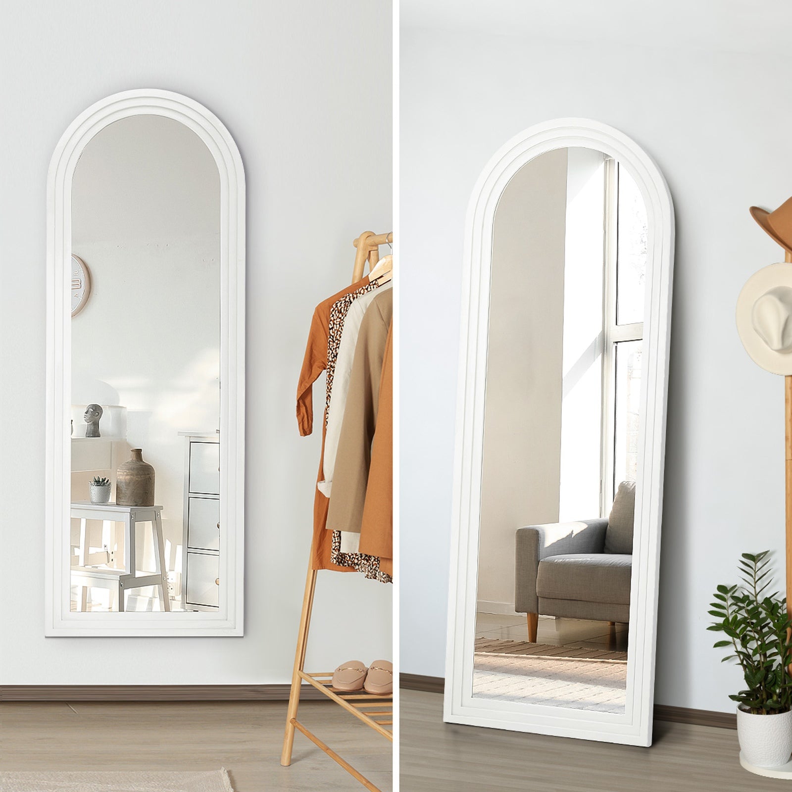 Oikiture Full Length Arch Mirror 165x60cm White Wood Wall Mounted Home Decor - Sunyee