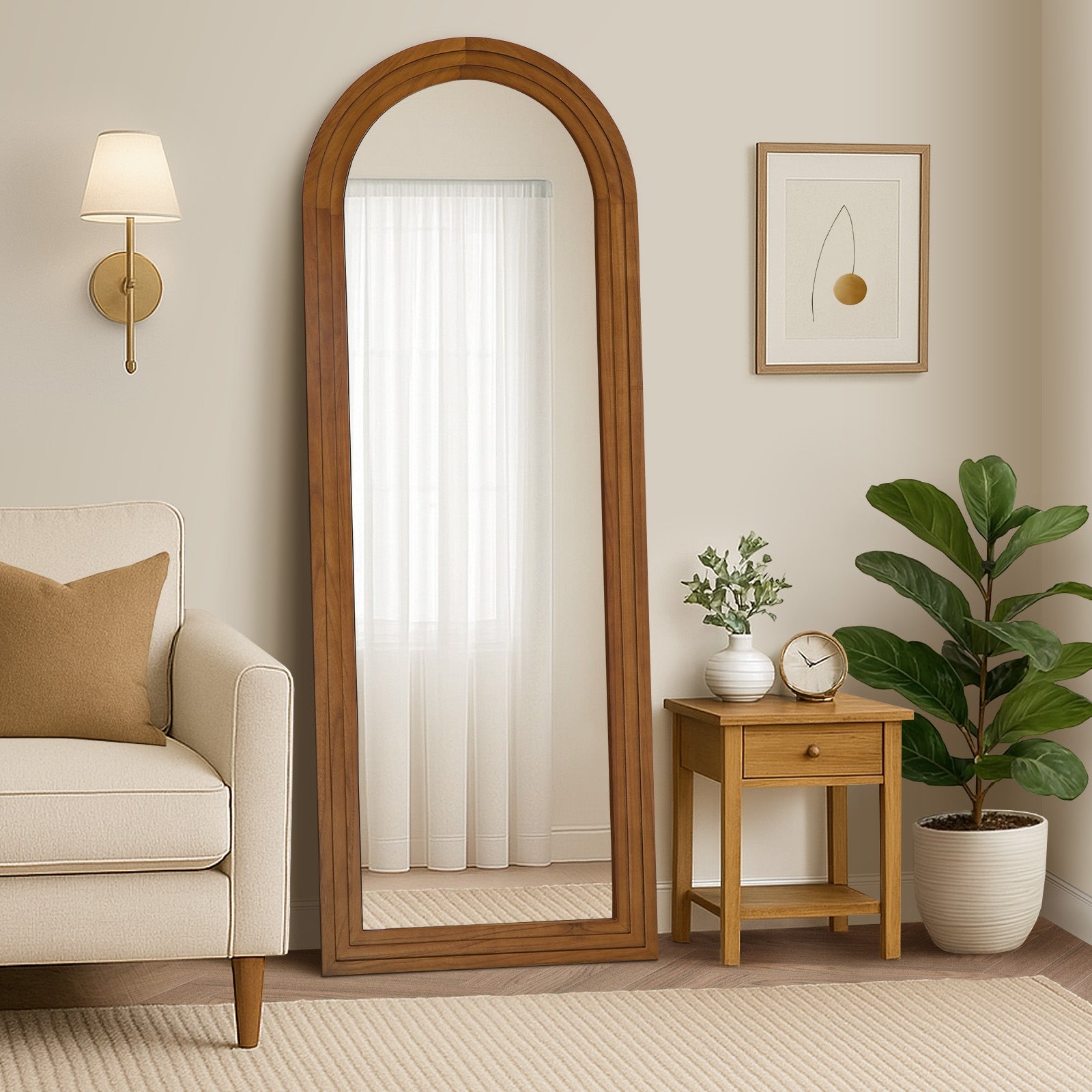 Oikiture Full Length Arch Mirror 165x60cm Brown Wood Wall Mounted Home Decor - Sunyee