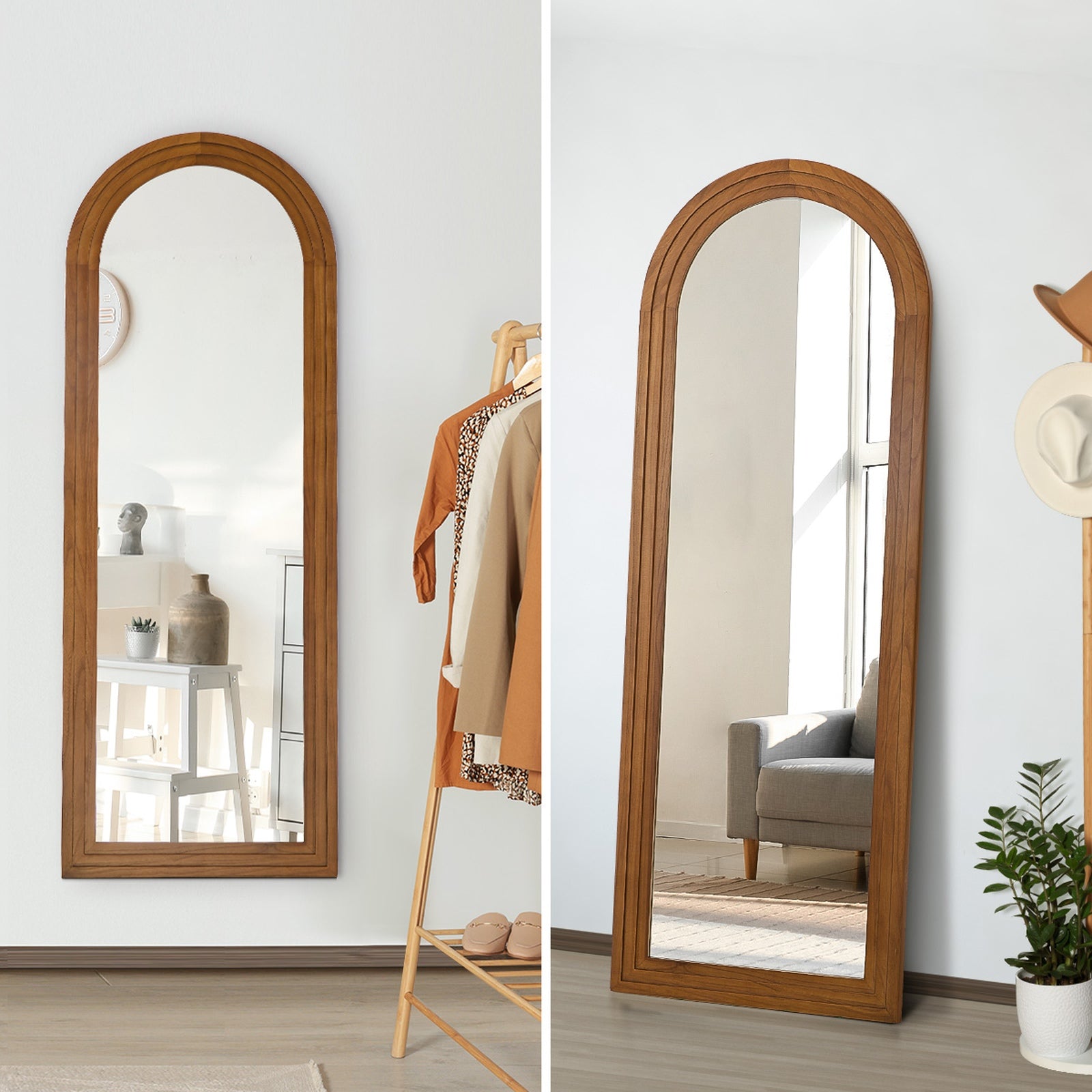 Oikiture Full Length Arch Mirror 165x60cm Brown Wood Wall Mounted Home Decor - Sunyee