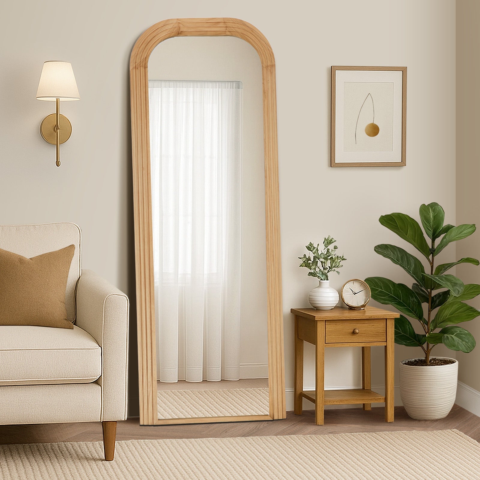 Oikiture Full Length Arch Mirror 165x60cm Natural Wood Top Round Corner Bedroom - Sunyee