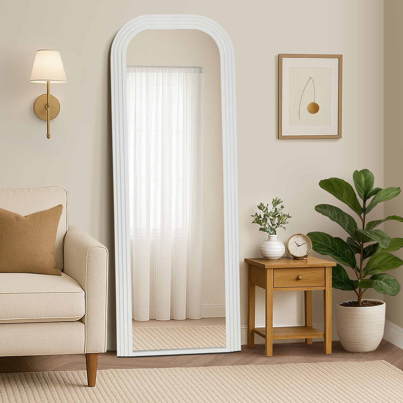 Oikiture Full Length Arch Mirror 165x60cm White Wood Top Rounded Corner Bedroom - Sunyee