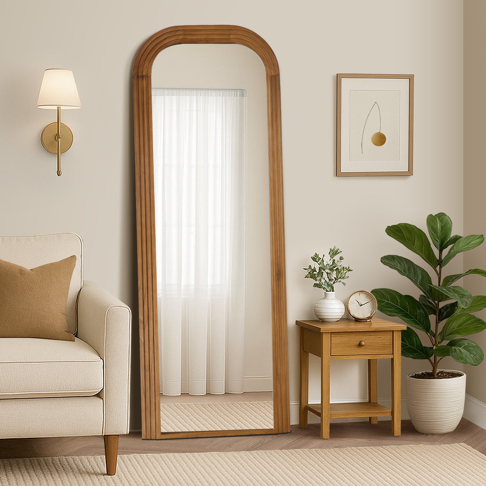 Oikiture Full Length Arch Mirror 165x60cm Brown Wood Top Rounded Corner Bedroom - Sunyee
