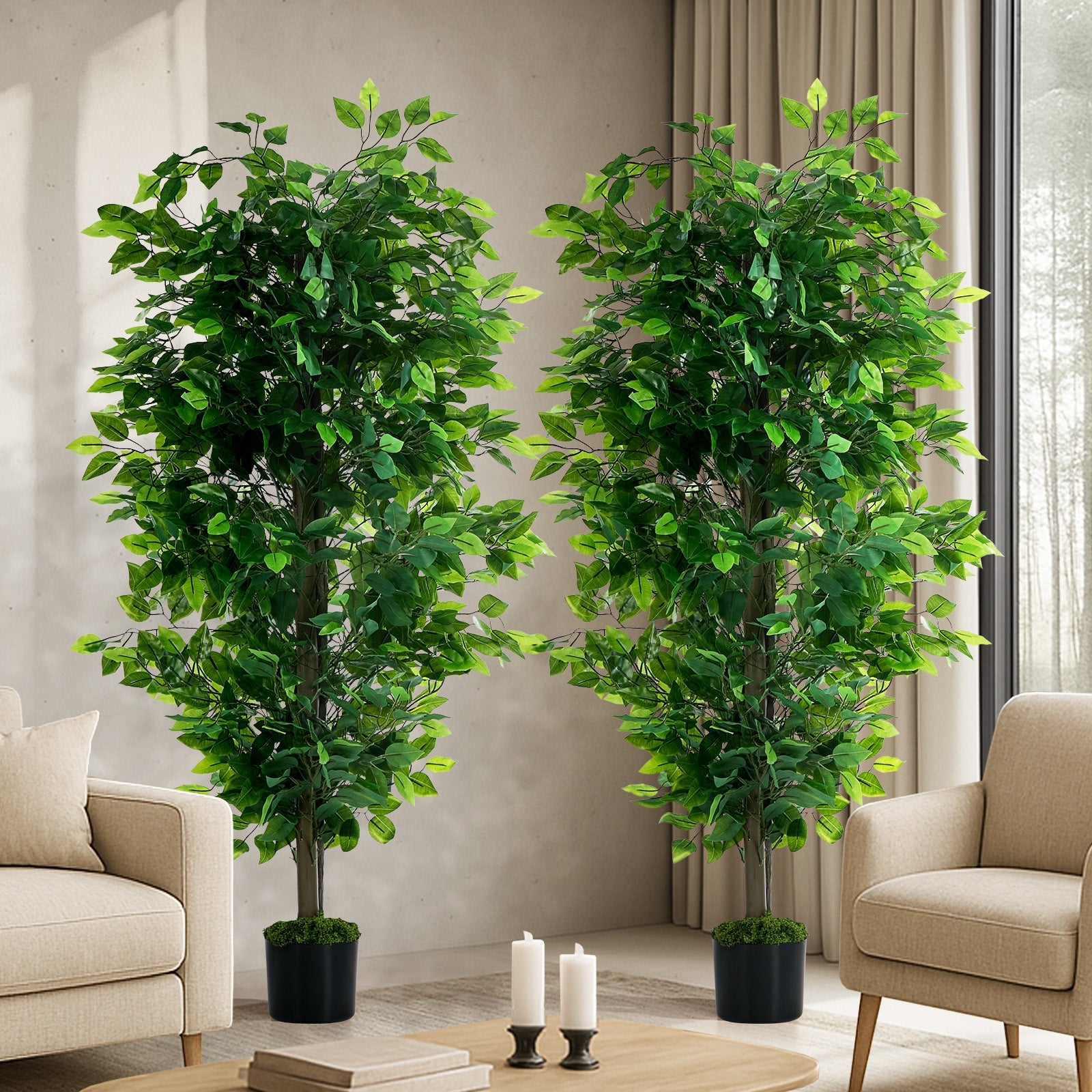 Livsip 2 Pack Artificial Ficus Tree 150cm Potted Faux Plant Outdoor Home Decor