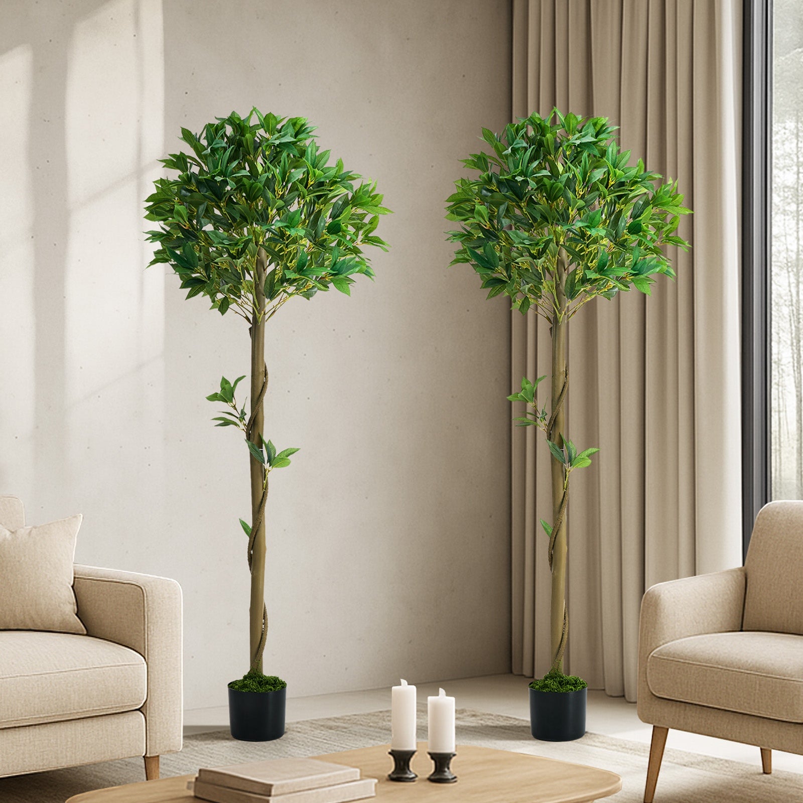 Livsip 2 Pack Artificial Bay Tree Potted Laurel Ball Topiary Faux Plant 150cm