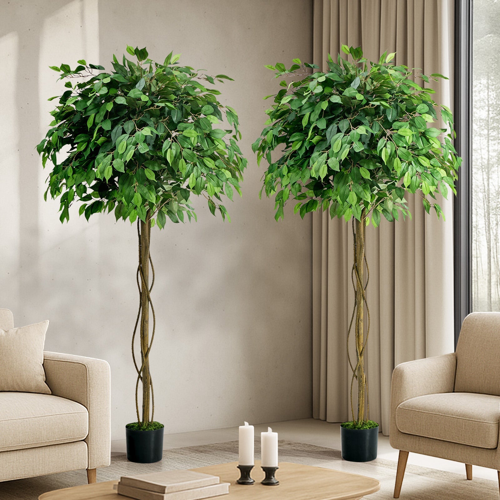 Livsip 2 Pack Artificial Ficus Tree 180cm Realistic Potted Faux Plant Home Decor