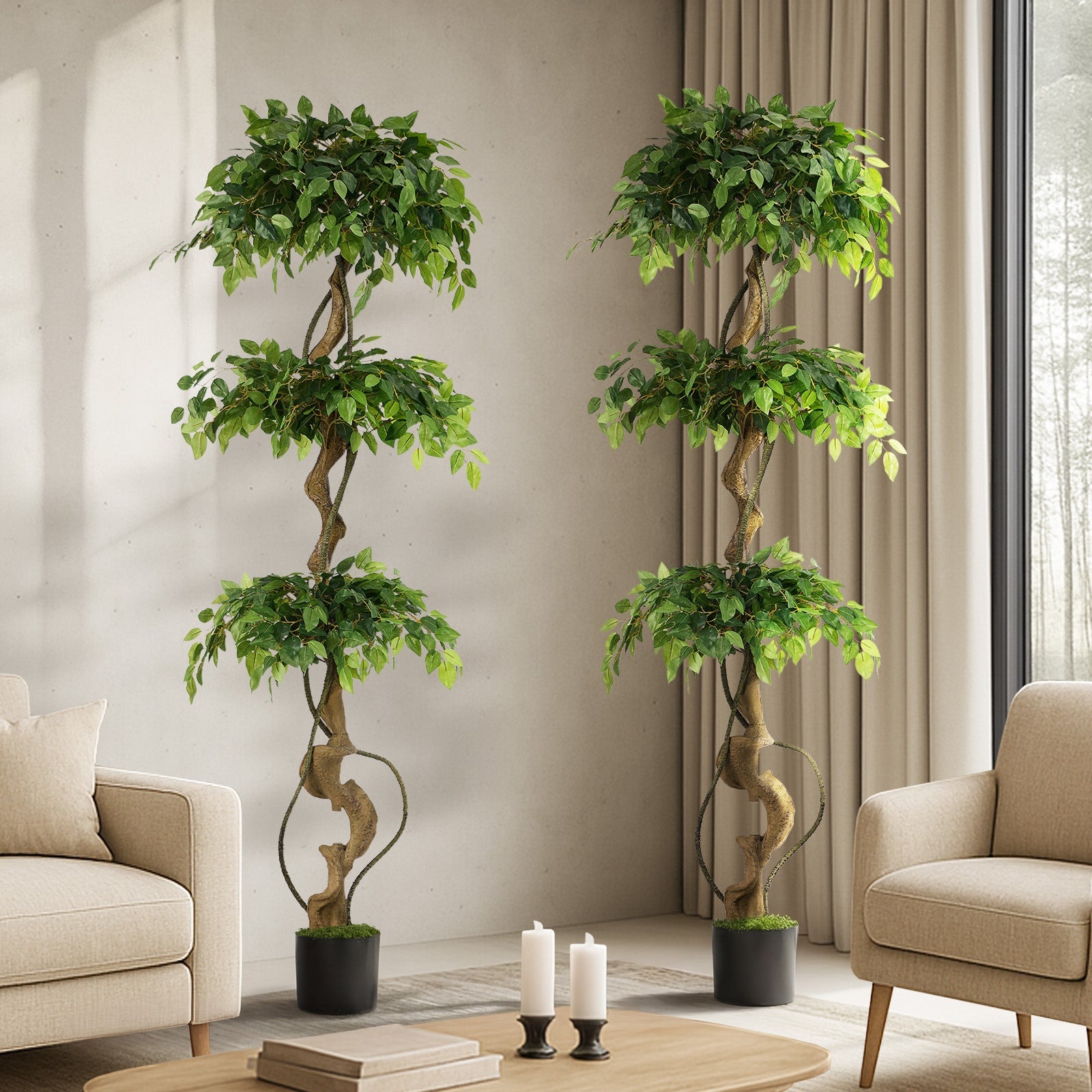 Livsip 2PCS Artificial Ficus Tree 180cm Large Twisted Ficus Faux Potted Plant - Sunyee